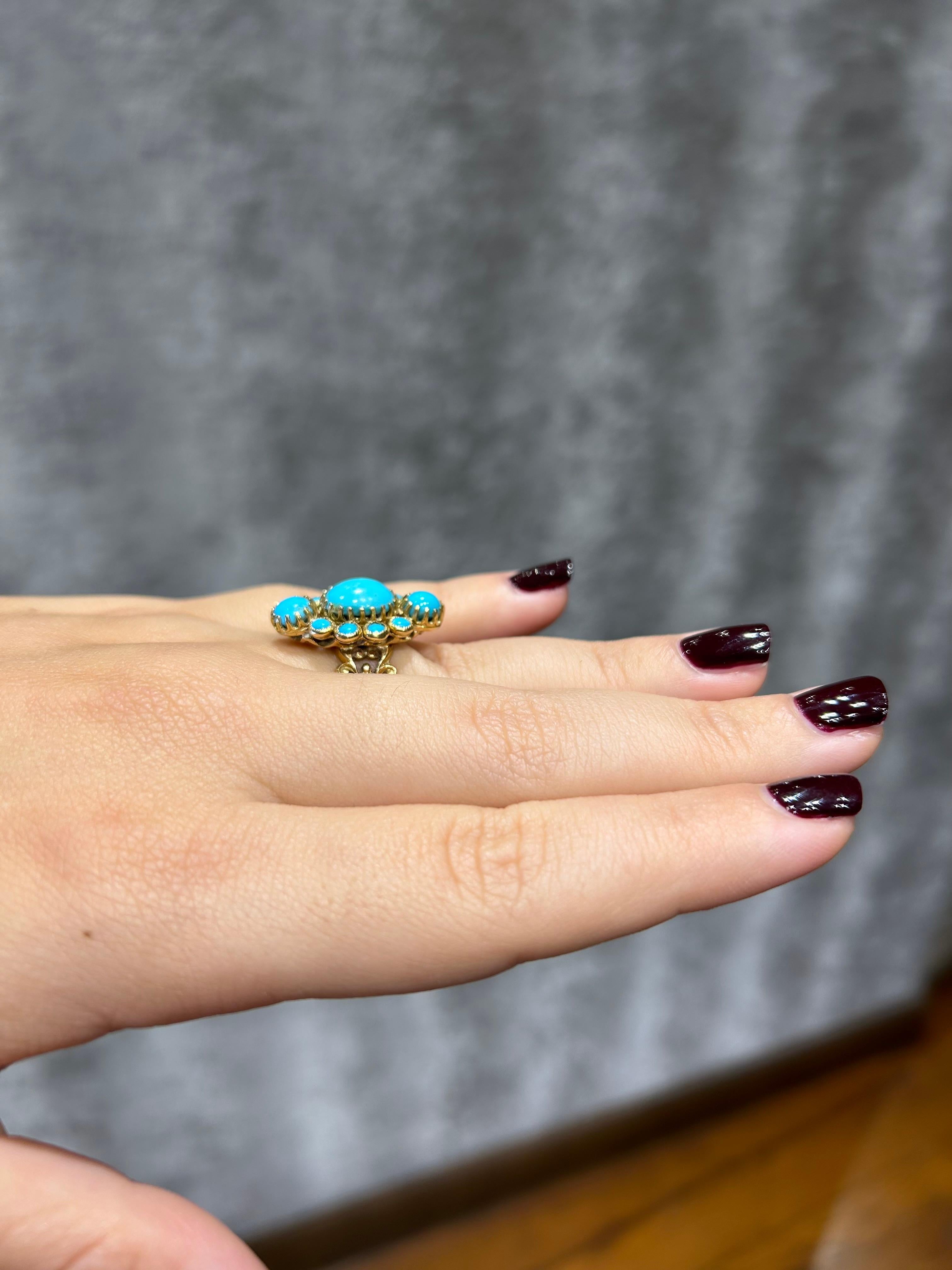 Cabochon Art Nouveau Yellow Gold and Turquoise Ring For Sale