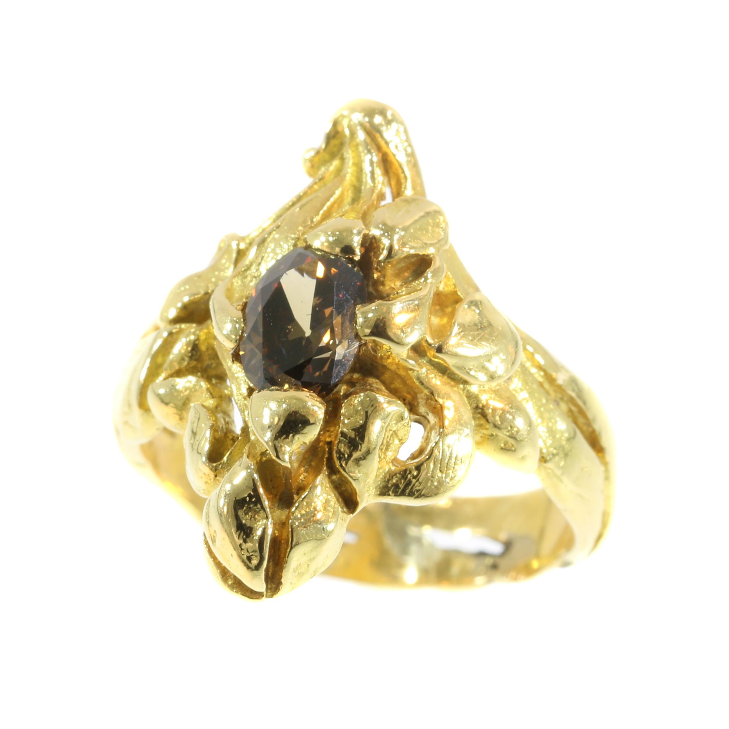Art Nouveau Yellow Gold Diamond Flowery Engagement Ring, Unisex, 1900s For Sale