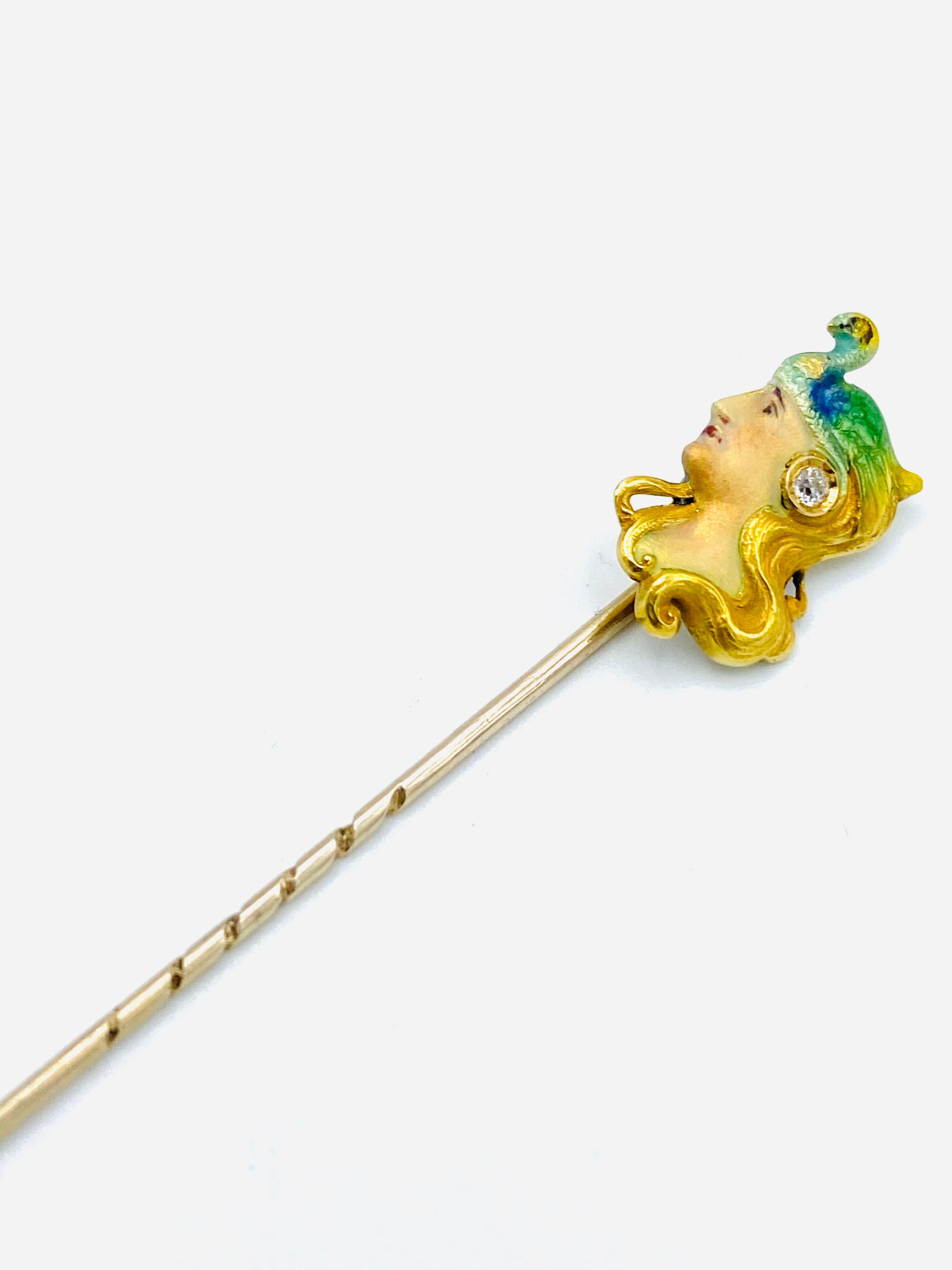 Old European Cut Art Nouveau Yellow Gold, Enamel and Diamond Stick Pin  For Sale
