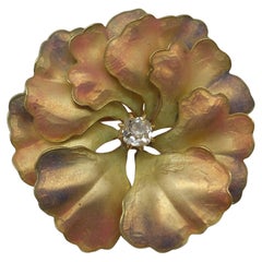 Art Nouveau Yellow Gold Enamel & Diamond "Dogwood" Flower Pin/Pendant