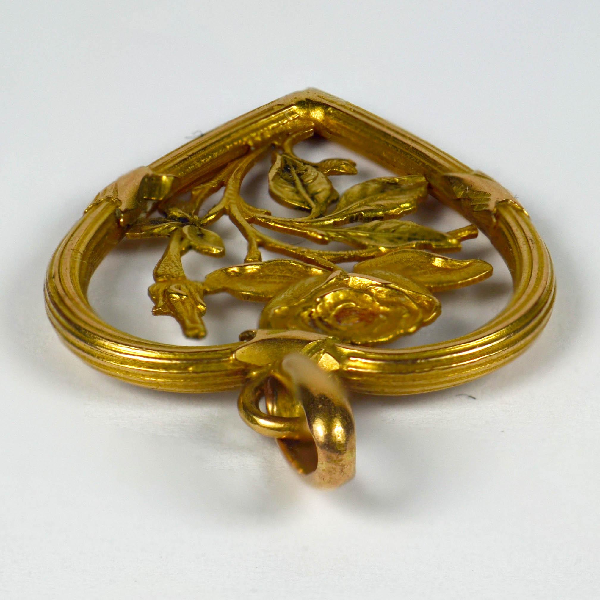 Women's Art Nouveau Yellow Gold Rose Love Heart Frame Charm Pendant