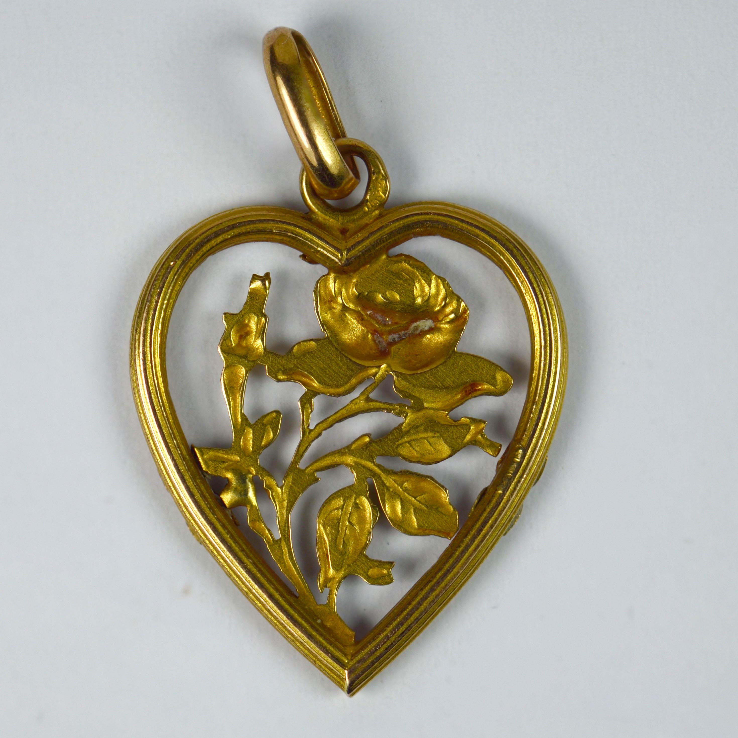 Art Nouveau Yellow Gold Rose Love Heart Frame Charm Pendant 2