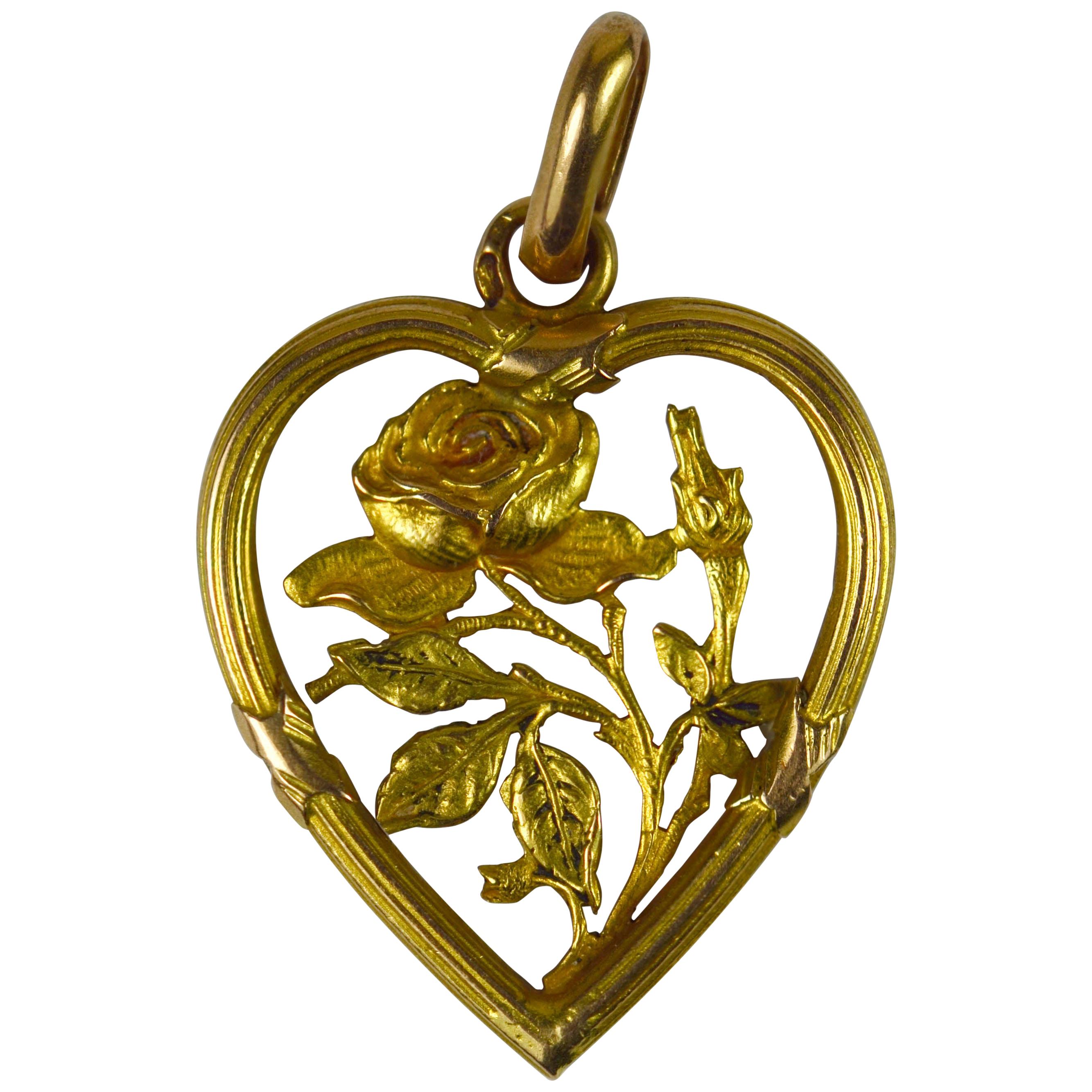 Art Nouveau Yellow Gold Rose Love Heart Frame Charm Pendant