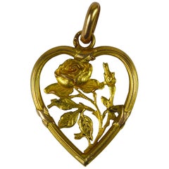 Art Nouveau Yellow Gold Rose Love Heart Frame Charm Pendant