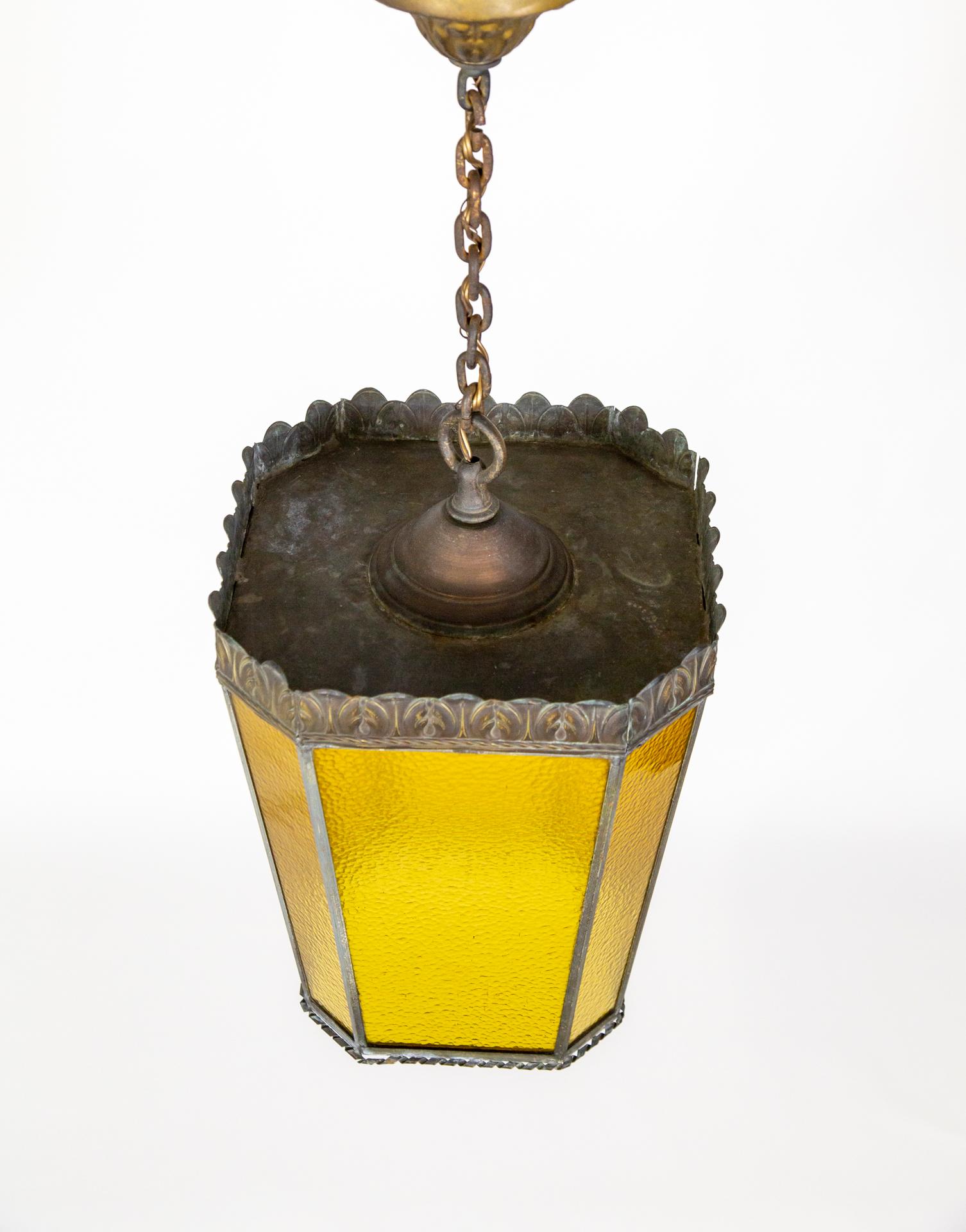 Art Nouveau amber Leaded Glass & Brass Lantern For Sale 5