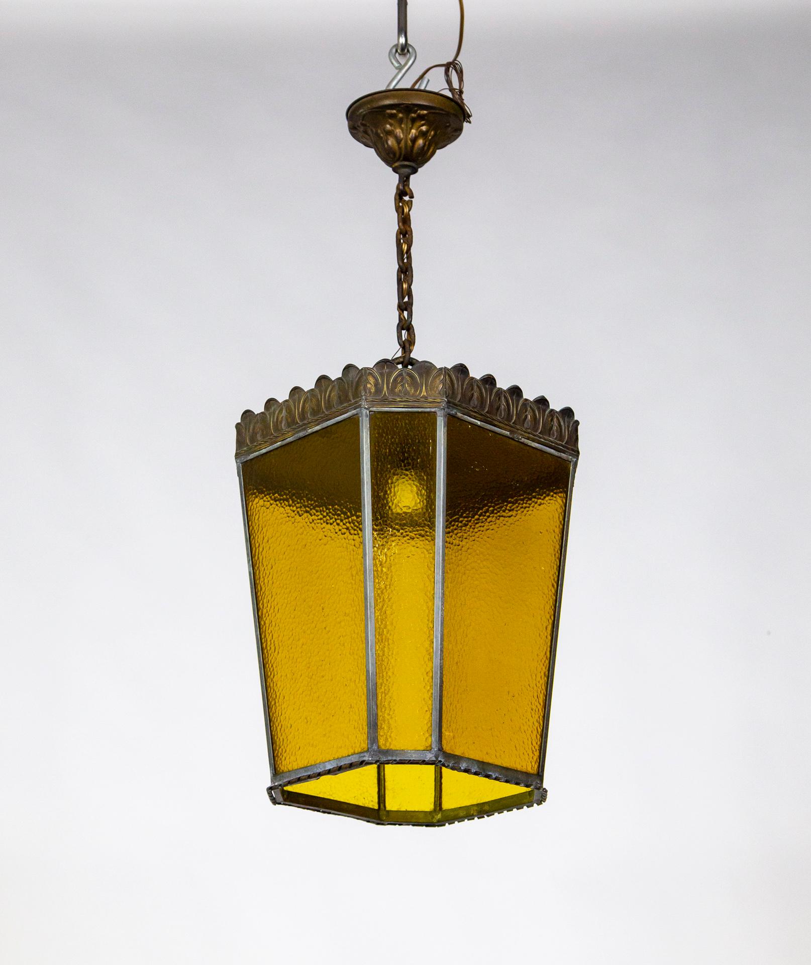 20th Century Art Nouveau amber Leaded Glass & Brass Lantern For Sale