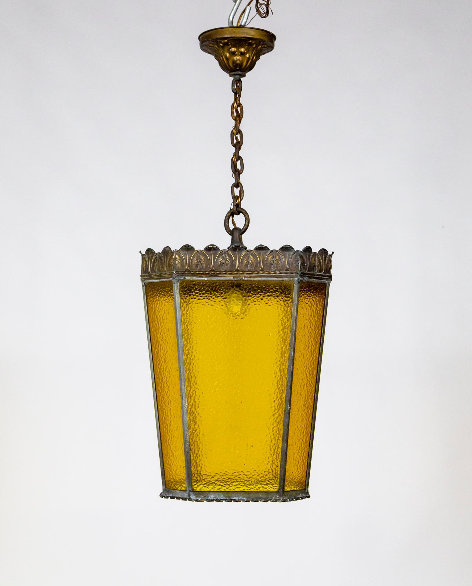Metal Art Nouveau amber Leaded Glass & Brass Lantern For Sale