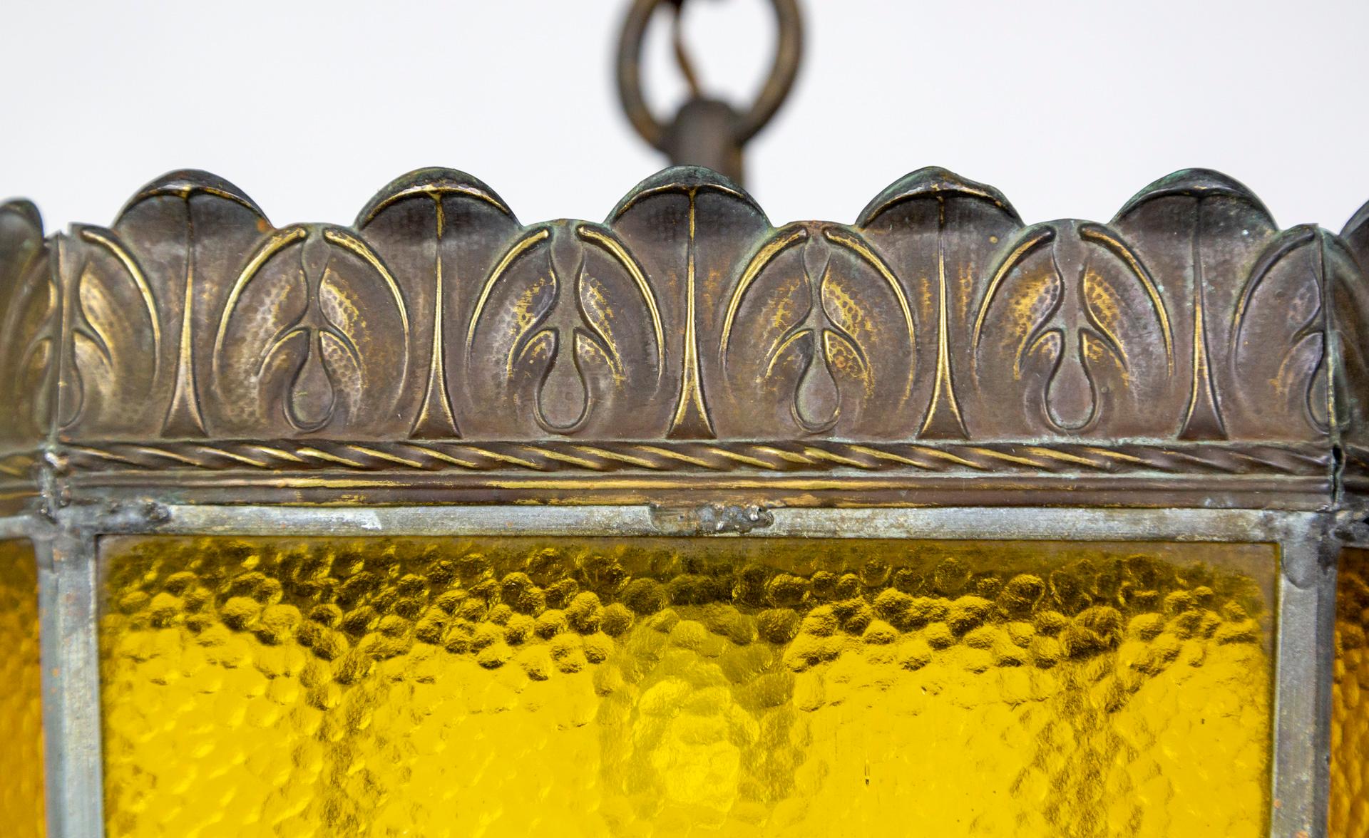 Art Nouveau amber Leaded Glass & Brass Lantern For Sale 3