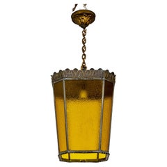 Art Nouveau Yellow Leaded Glass & Brass Lantern
