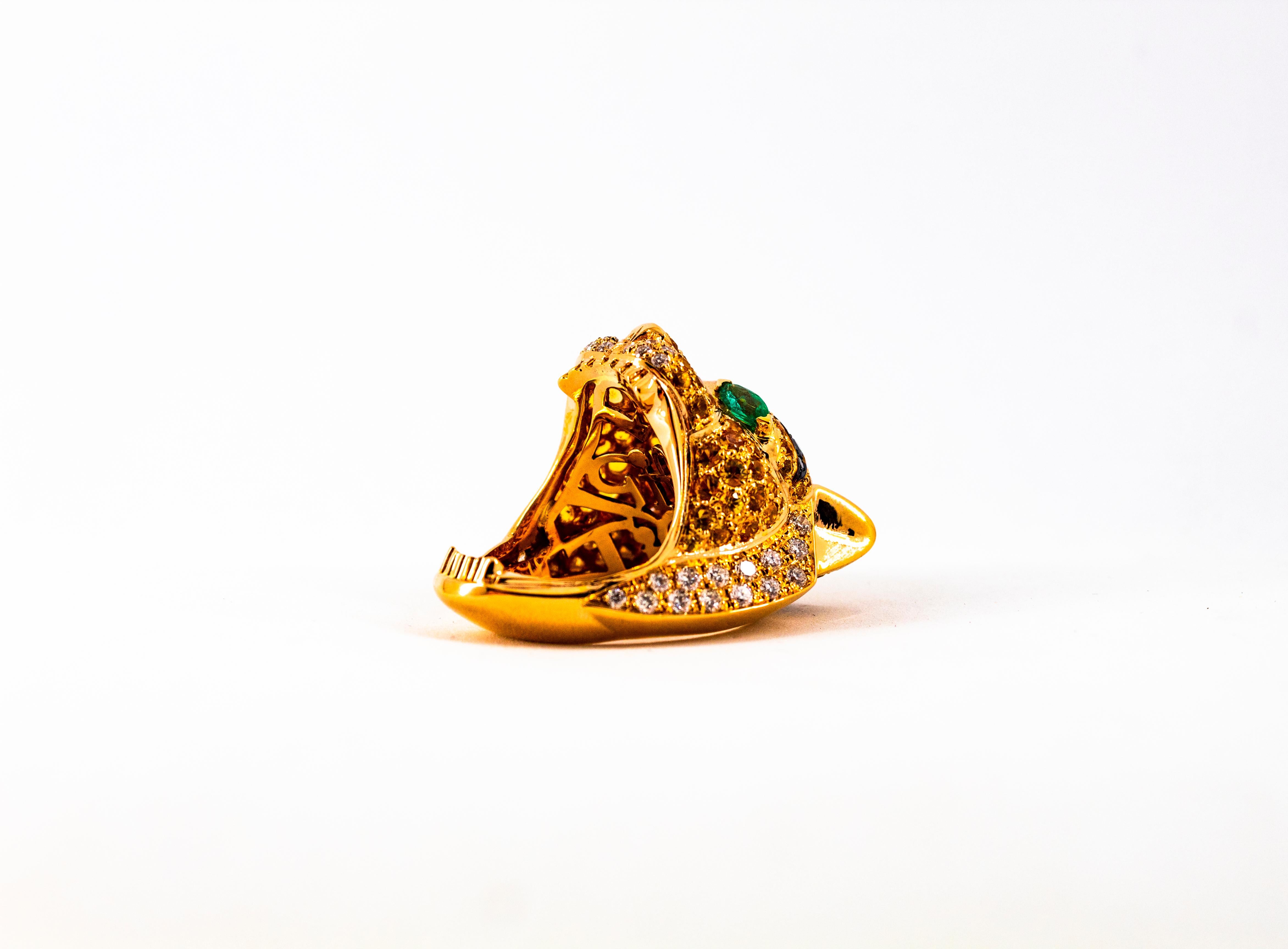 Art Nouveau Yellow Sapphire Emerald Black White Diamond Yellow Gold Tiger Ring For Sale 6