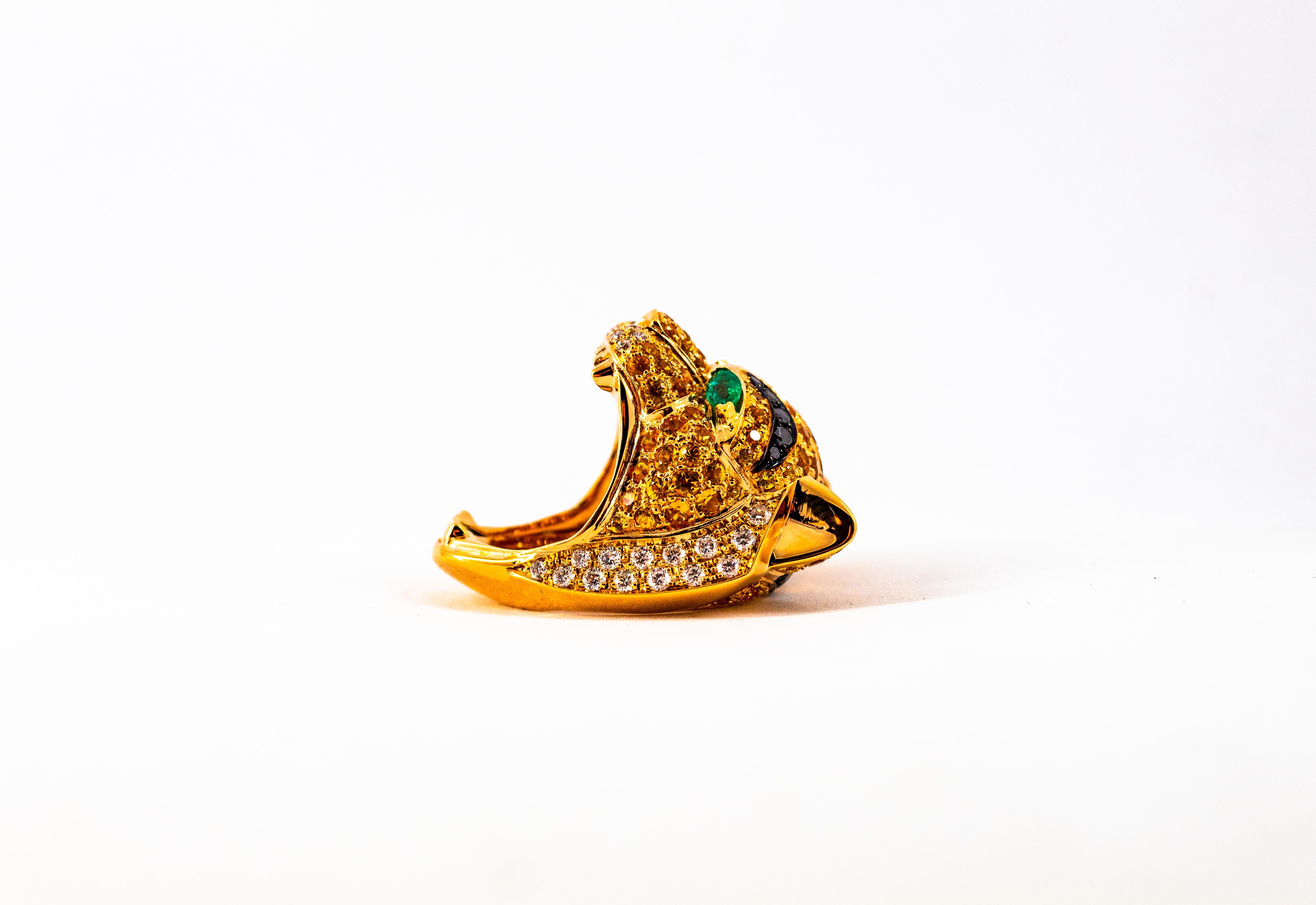 Art Nouveau Yellow Sapphire Emerald Black White Diamond Yellow Gold Tiger Ring For Sale 7