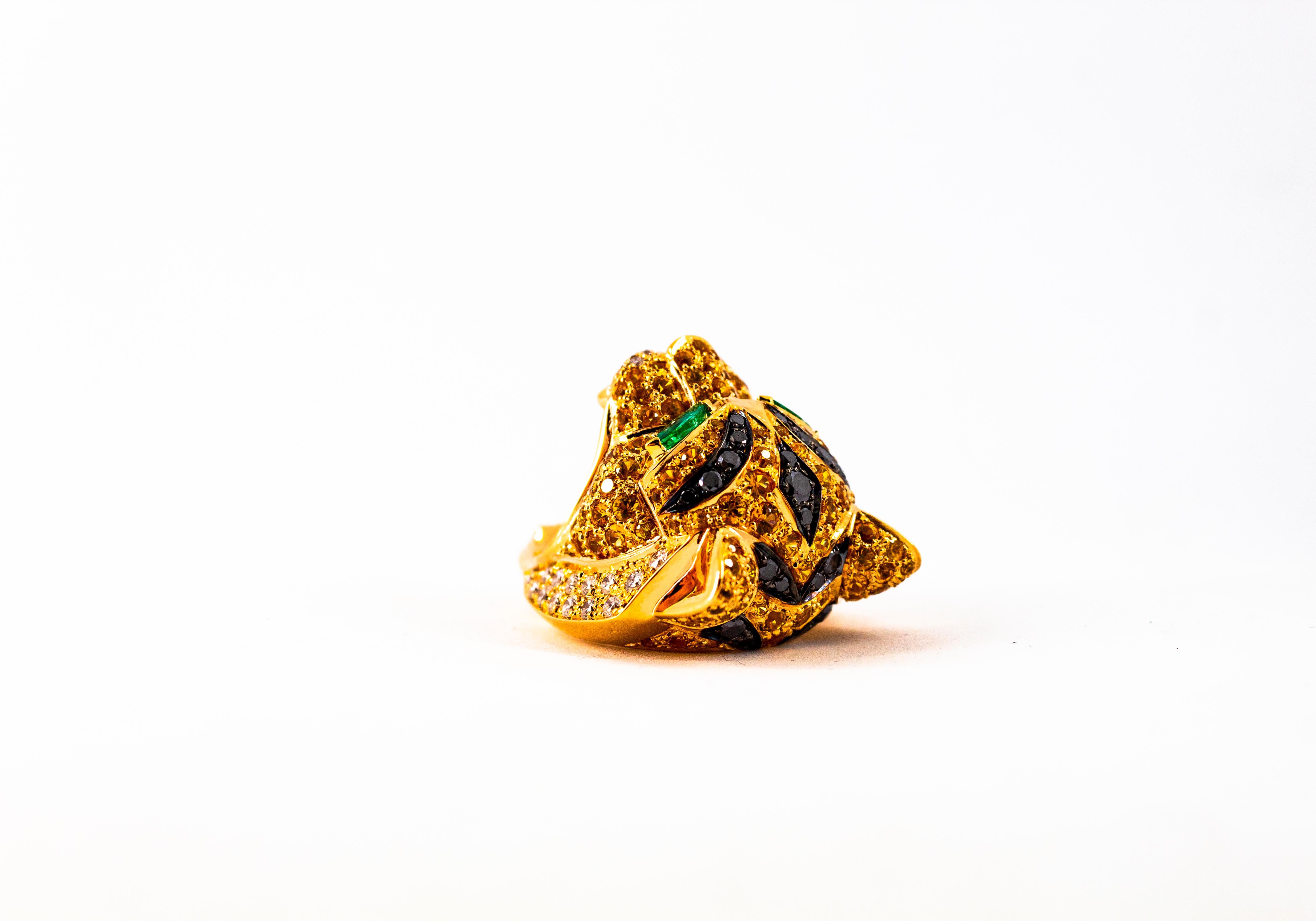 Art Nouveau Yellow Sapphire Emerald Black White Diamond Yellow Gold Tiger Ring For Sale 8