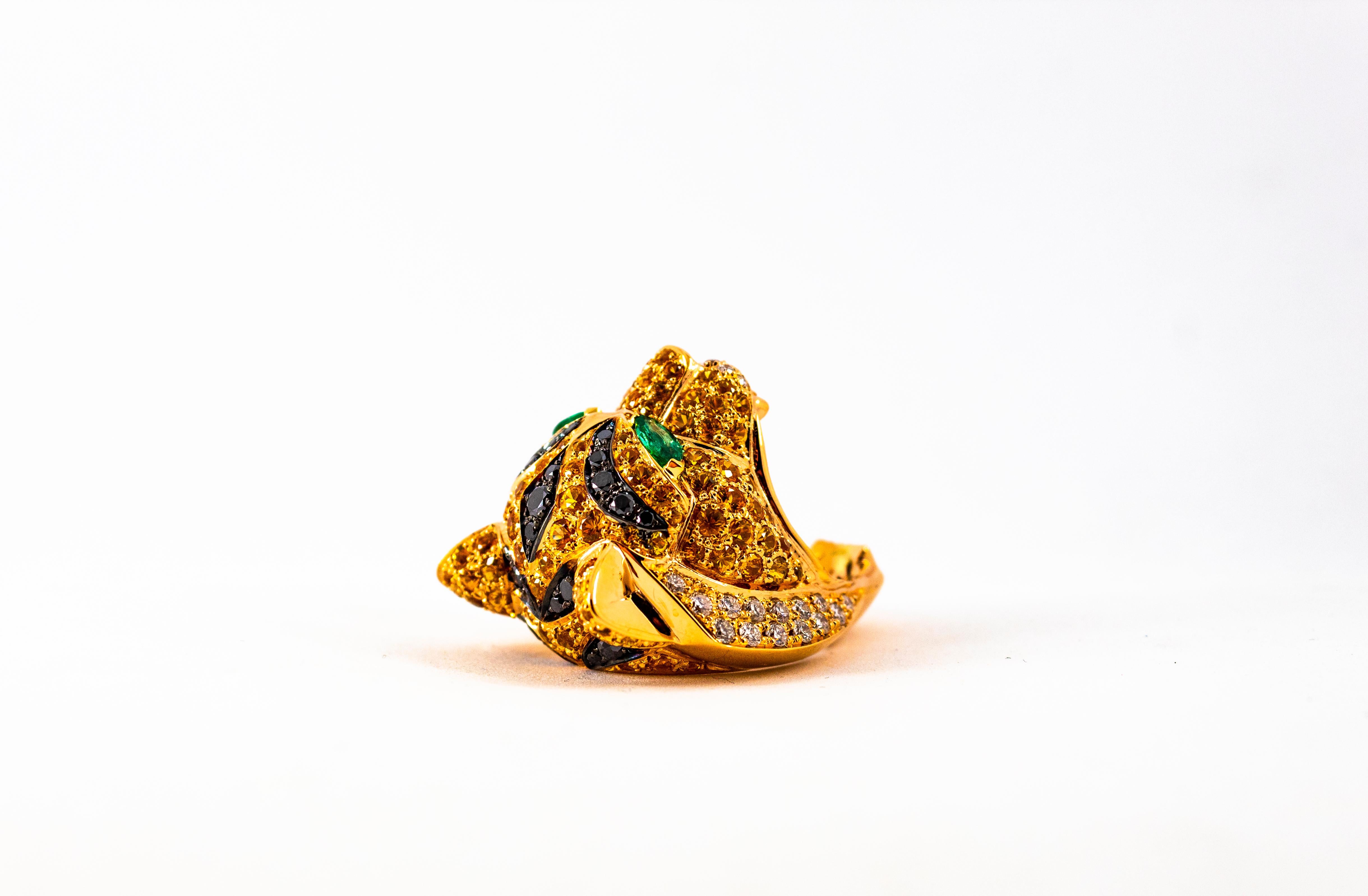 Art Nouveau Yellow Sapphire Emerald Black White Diamond Yellow Gold Tiger Ring For Sale 9