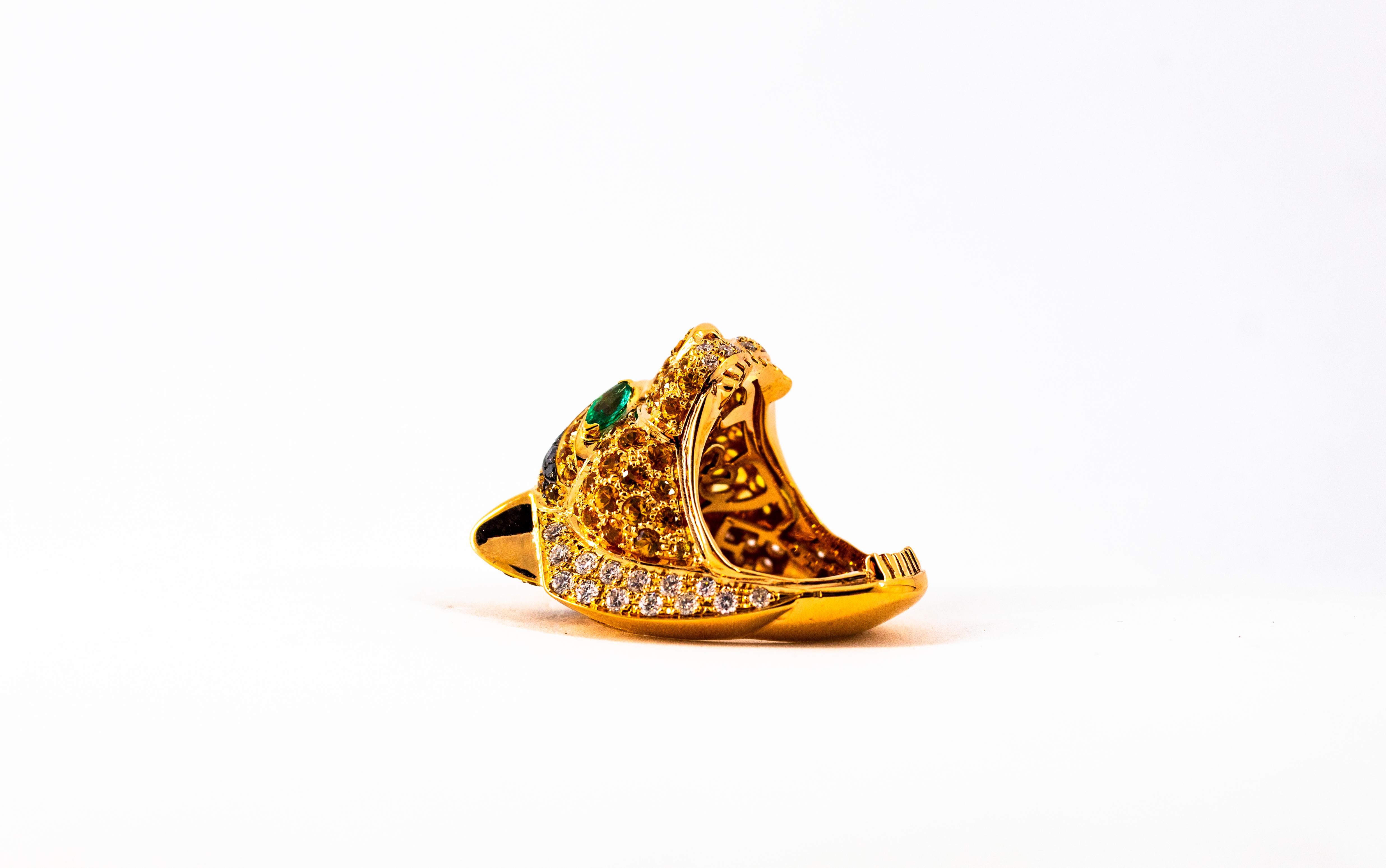 Art Nouveau Yellow Sapphire Emerald Black White Diamond Yellow Gold Tiger Ring For Sale 10