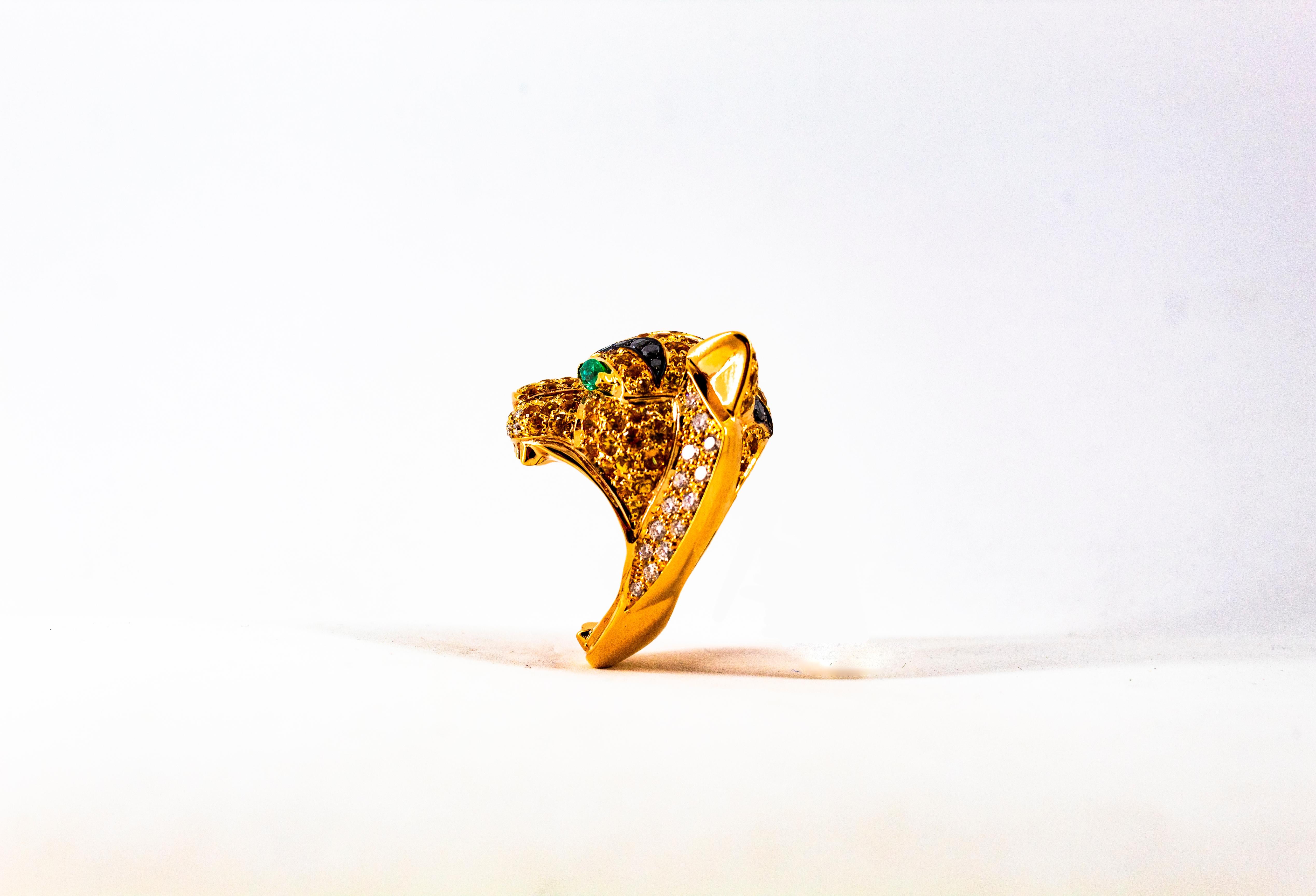 Art Nouveau Yellow Sapphire Emerald Black White Diamond Yellow Gold Tiger Ring For Sale 12