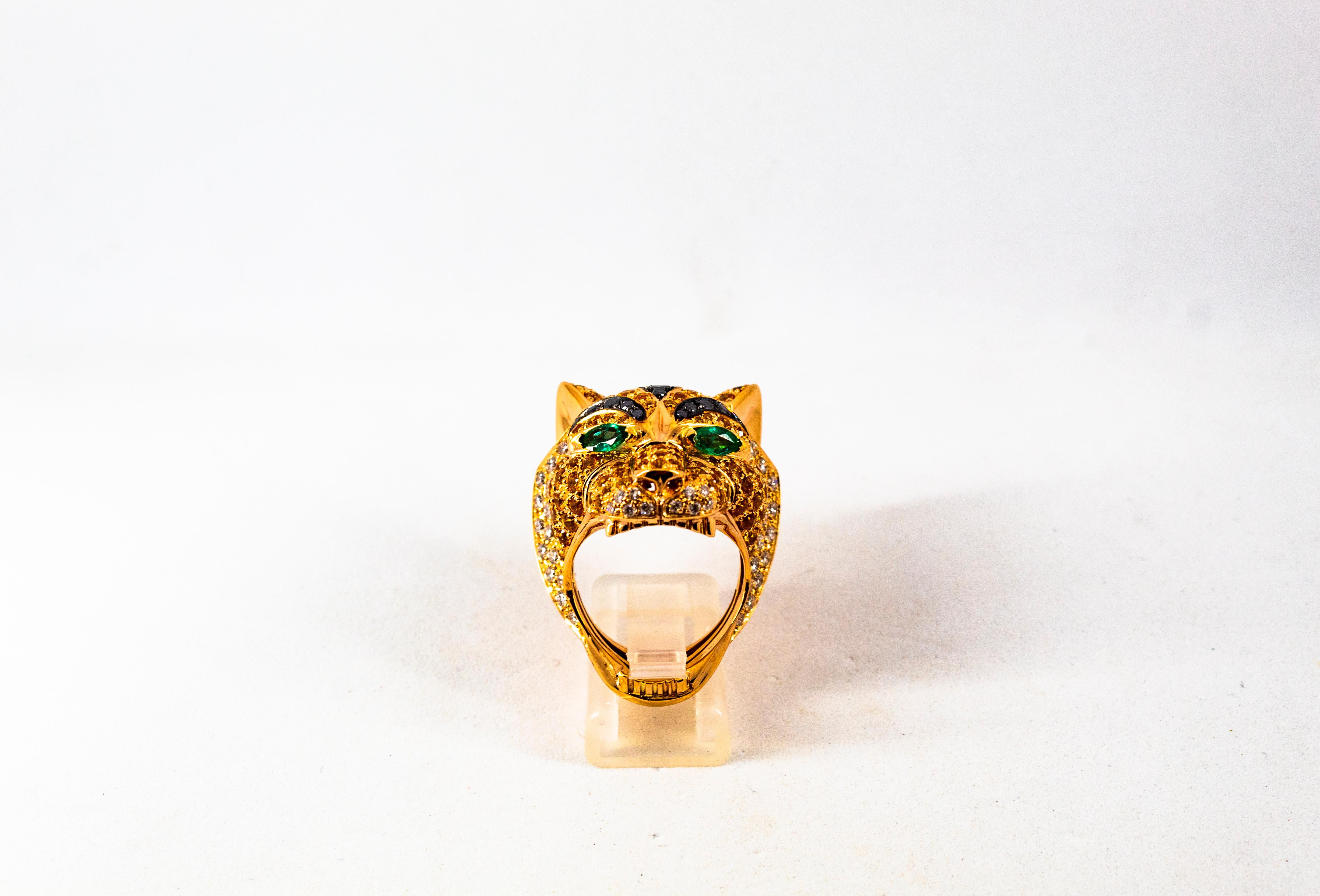 Modern Art Nouveau Yellow Sapphire Emerald Black White Diamond Yellow Gold Tiger Ring For Sale
