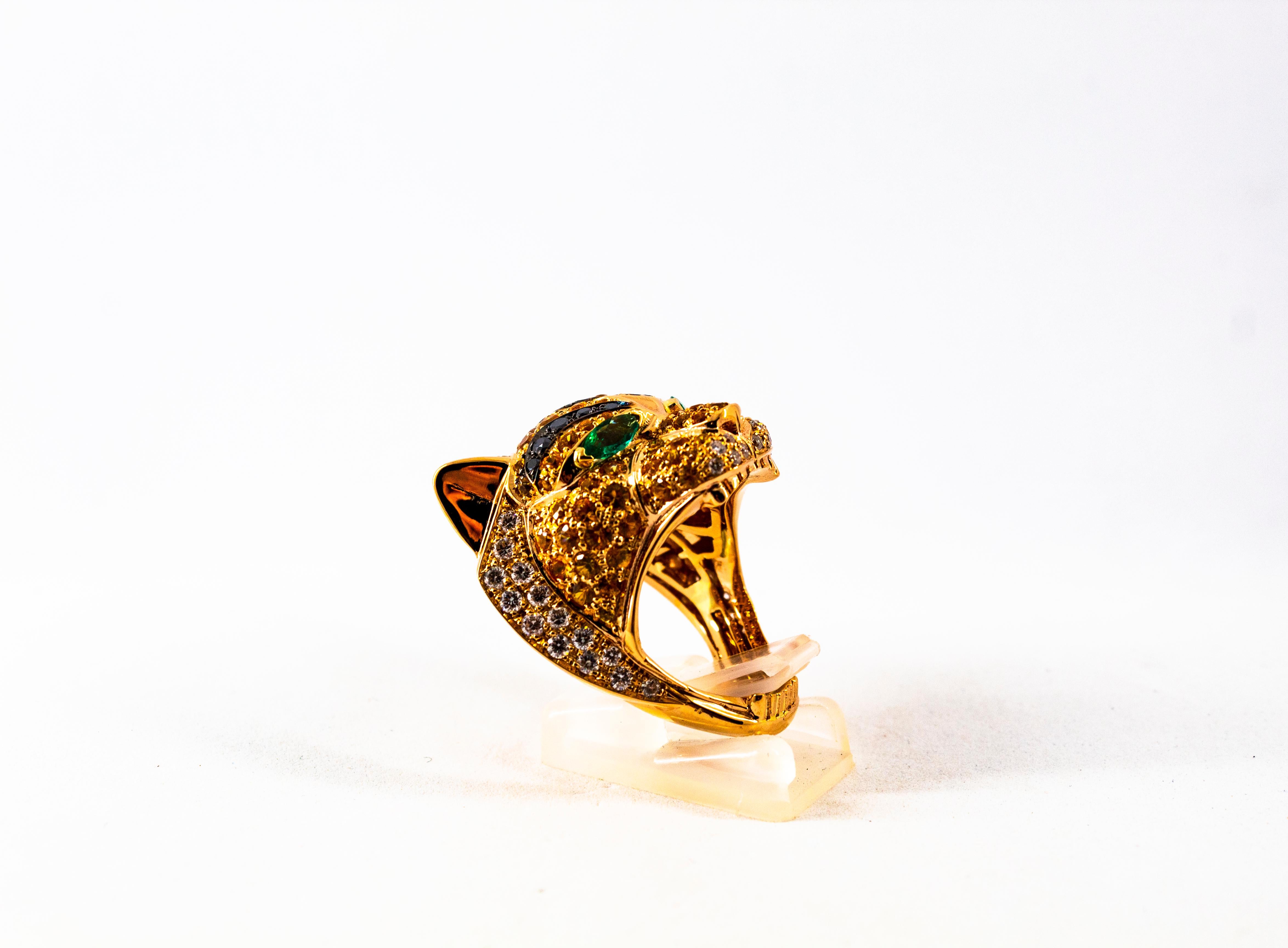 Brilliant Cut Art Nouveau Yellow Sapphire Emerald Black White Diamond Yellow Gold Tiger Ring For Sale