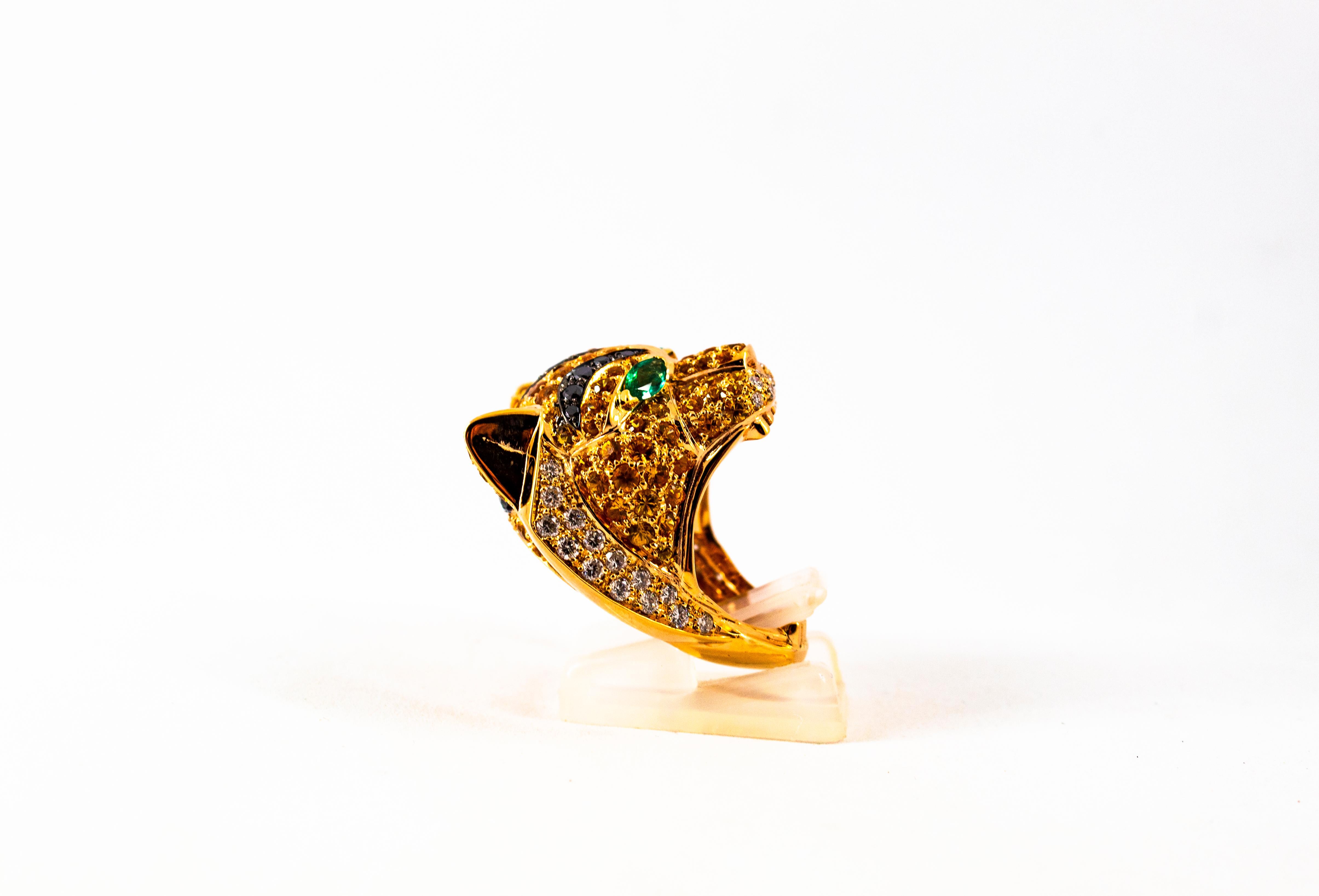 Art Nouveau Yellow Sapphire Emerald Black White Diamond Yellow Gold Tiger Ring In New Condition For Sale In Naples, IT