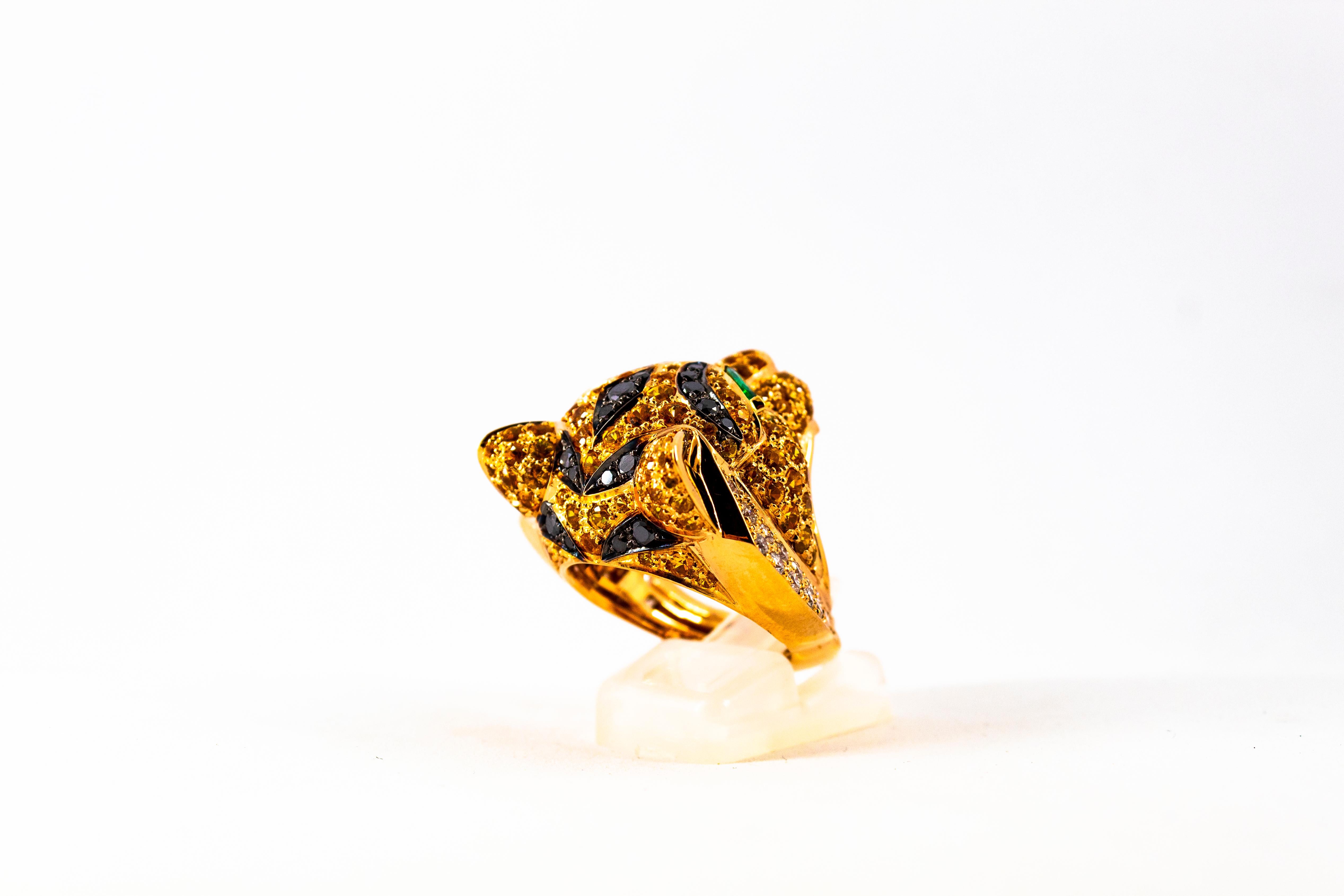 Women's or Men's Art Nouveau Yellow Sapphire Emerald Black White Diamond Yellow Gold Tiger Ring For Sale