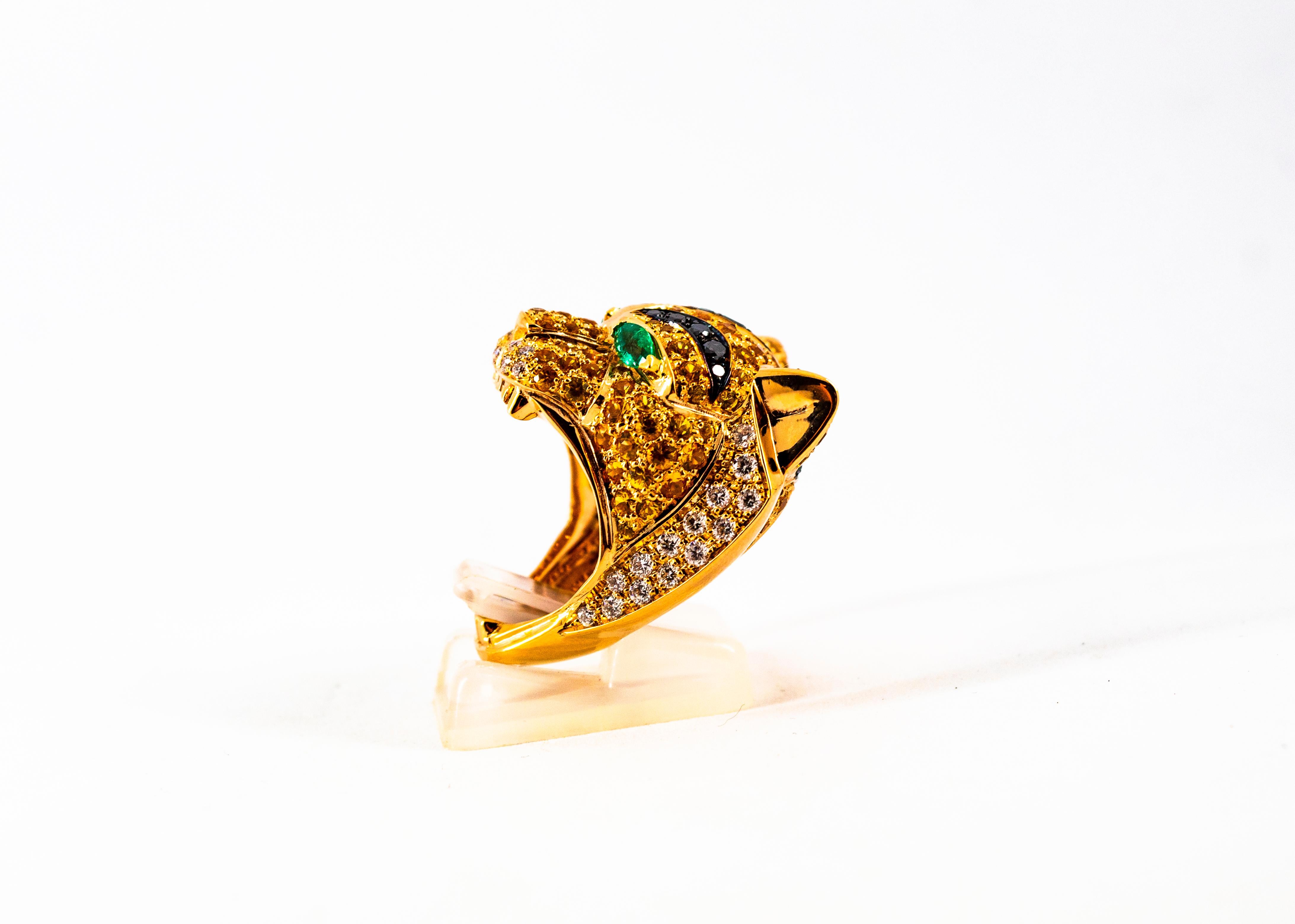 Art Nouveau Yellow Sapphire Emerald Black White Diamond Yellow Gold Tiger Ring For Sale 3