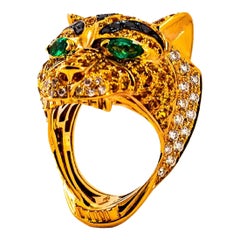 Art Nouveau Yellow Sapphire Emerald Black White Diamond Yellow Gold Tiger Ring
