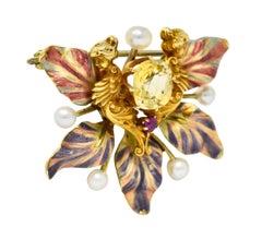 Art Nouveau Yellow Sapphire Pearl Ruby 14 Karat Gold Fairy Pendant Brooch