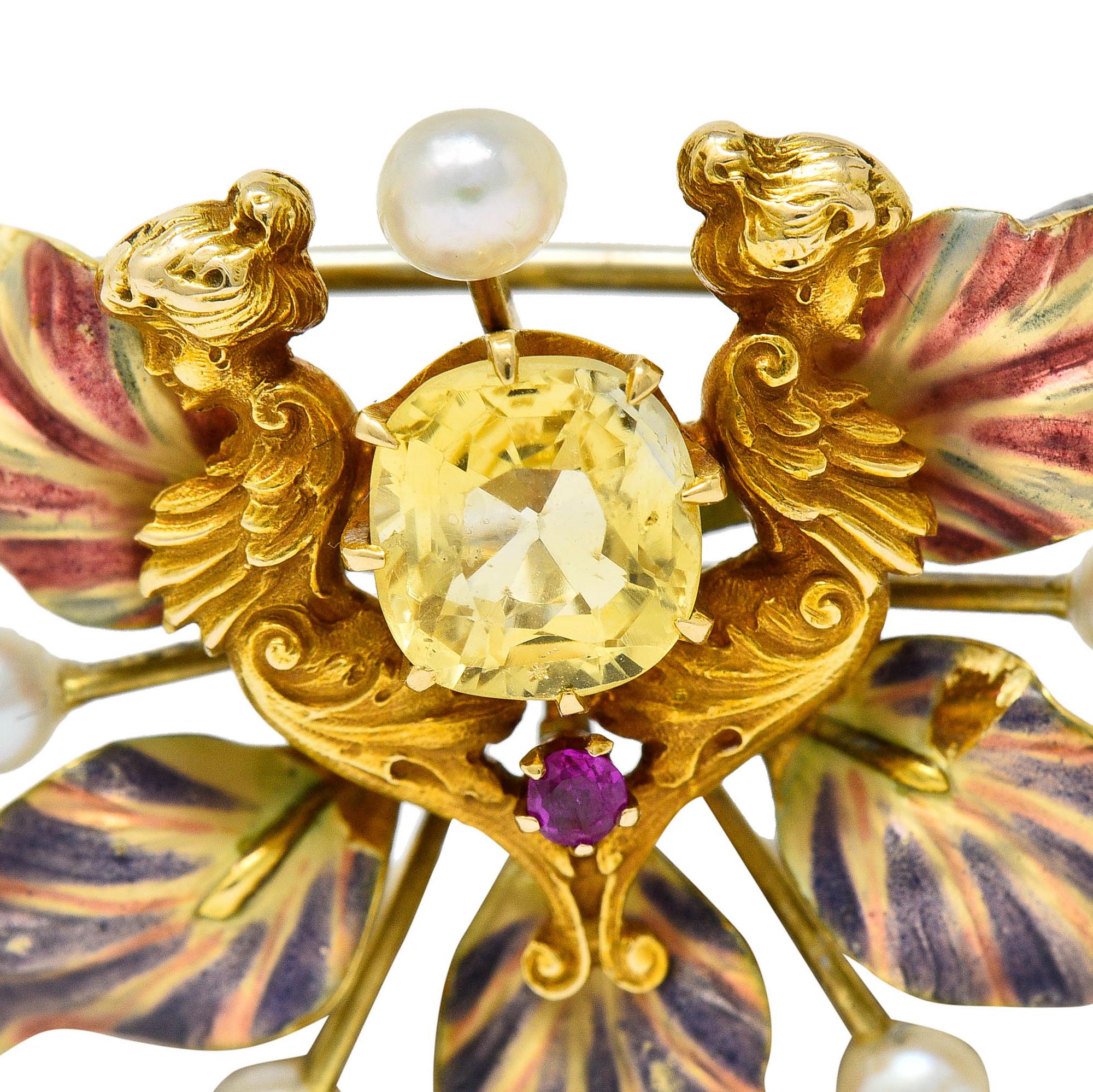 Art Nouveau Yellow Sapphire Pearl Ruby 14 Karat Gold Fairy Pendant Brooch In Excellent Condition In Philadelphia, PA