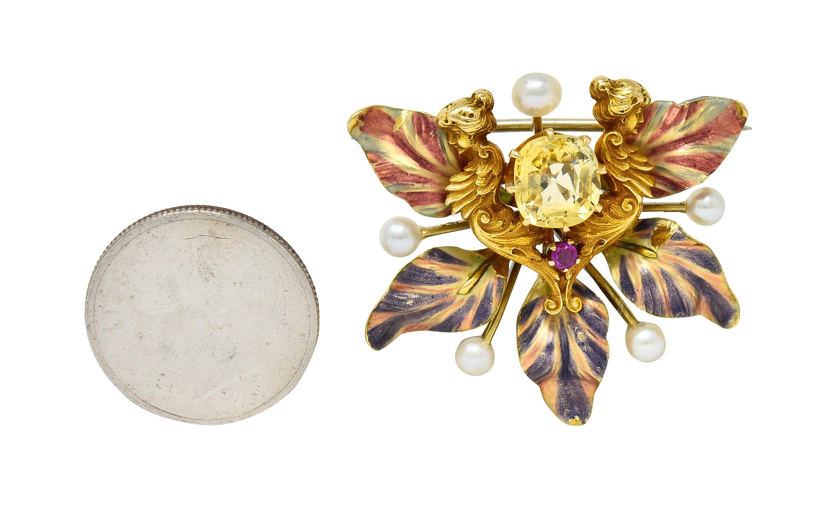 Art Nouveau Yellow Sapphire Pearl Ruby 14 Karat Gold Fairy Pendant Brooch 1