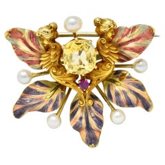 Art Nouveau Yellow Sapphire Pearl Ruby 14 Karat Gold Fairy Pendant Brooch