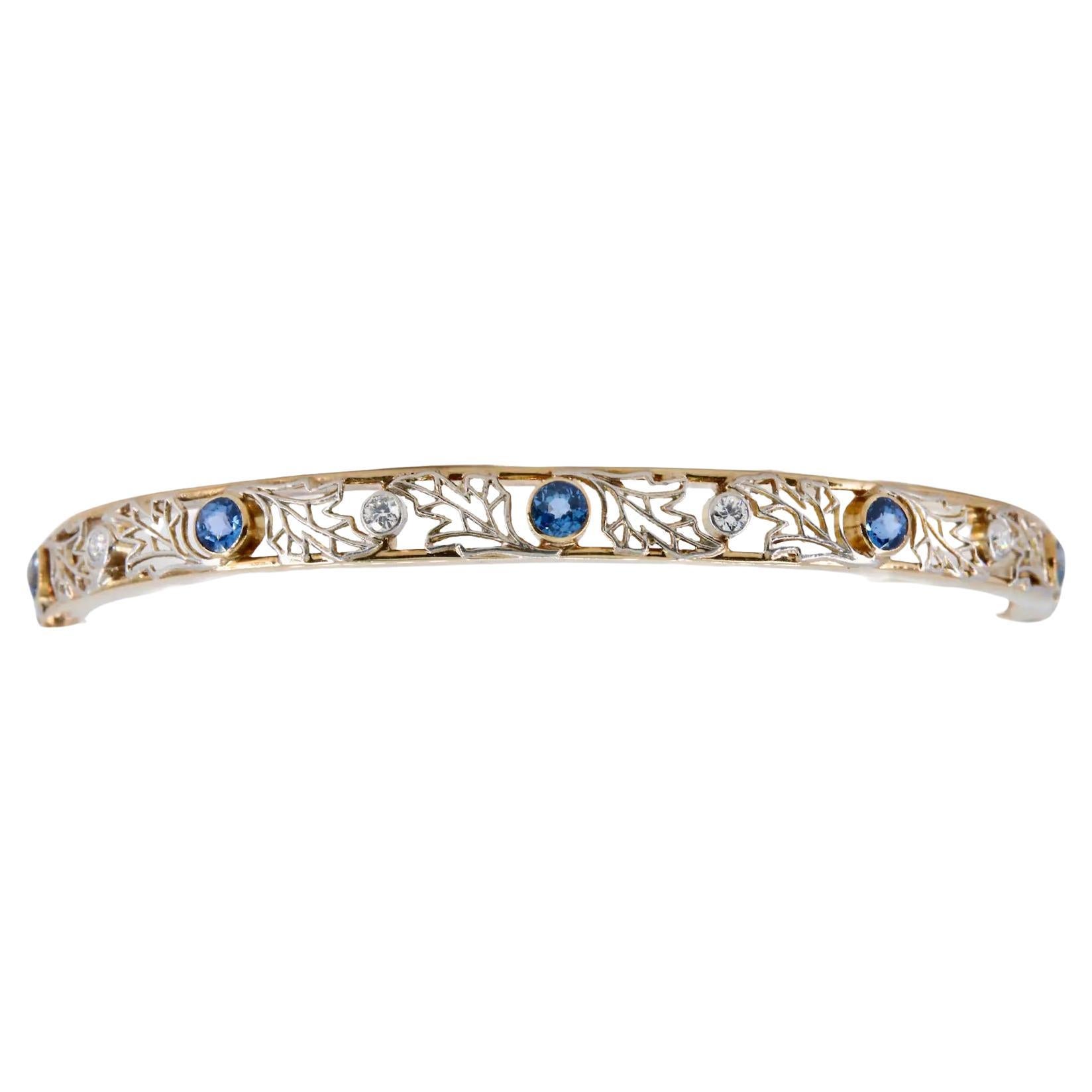 Art Nouveau Yogo Gulch Montana Sapphire, & Diamond Bangle Bracelet in Gold and P For Sale