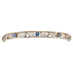Art Nouveau Yogo Gulch Montana Sapphire, & Diamond Bangle Bracelet in Gold and P