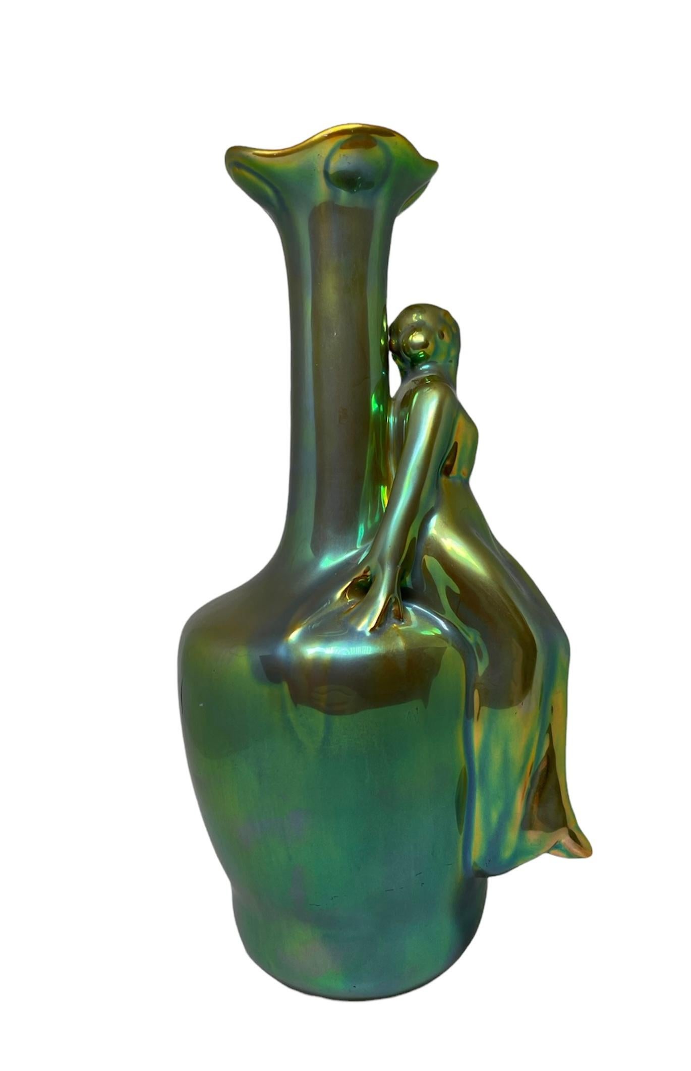 Hungarian Art Nouveau Zsolnay Eosin Green Glazed Ceramic Vase