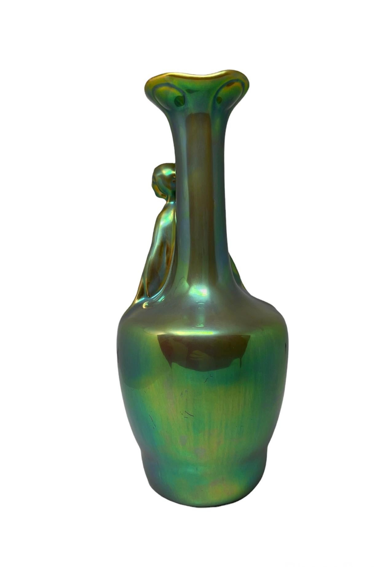 20th Century Art Nouveau Zsolnay Eosin Green Glazed Ceramic Vase