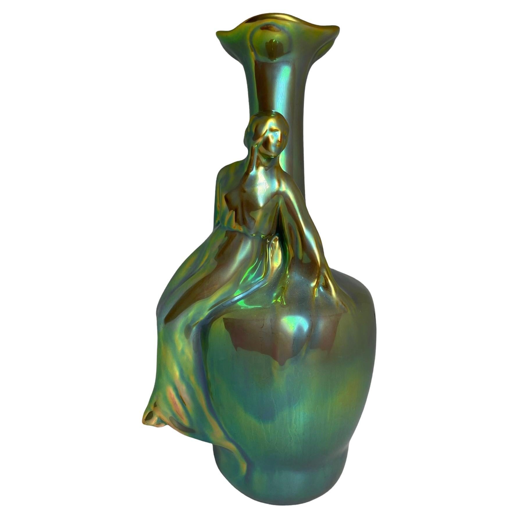 Art Nouveau Zsolnay Eosin Green Glazed Ceramic Vase