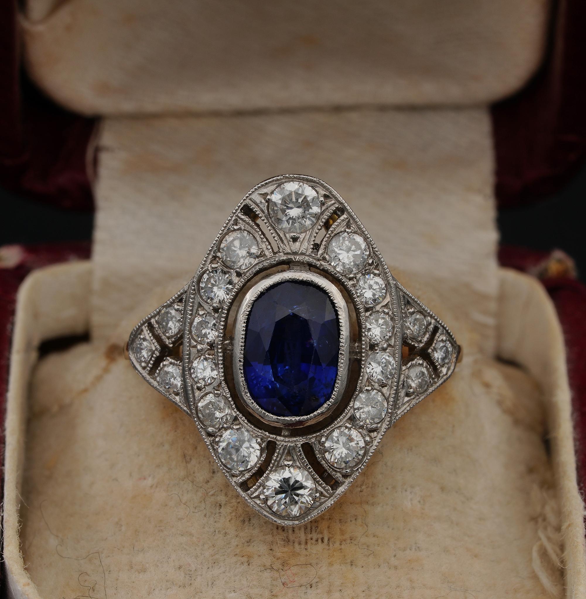 Timeless Art Nouveau Diamond and Sapphire ring, 1910 ca
Hand crafted of solid 18 Kt and Platinum indistinctly punched
Elegantly shaped in a charming flat elongated crown centred by a natural untreated Blue Sapphire of rich Blue of approx 1.90 Ct –