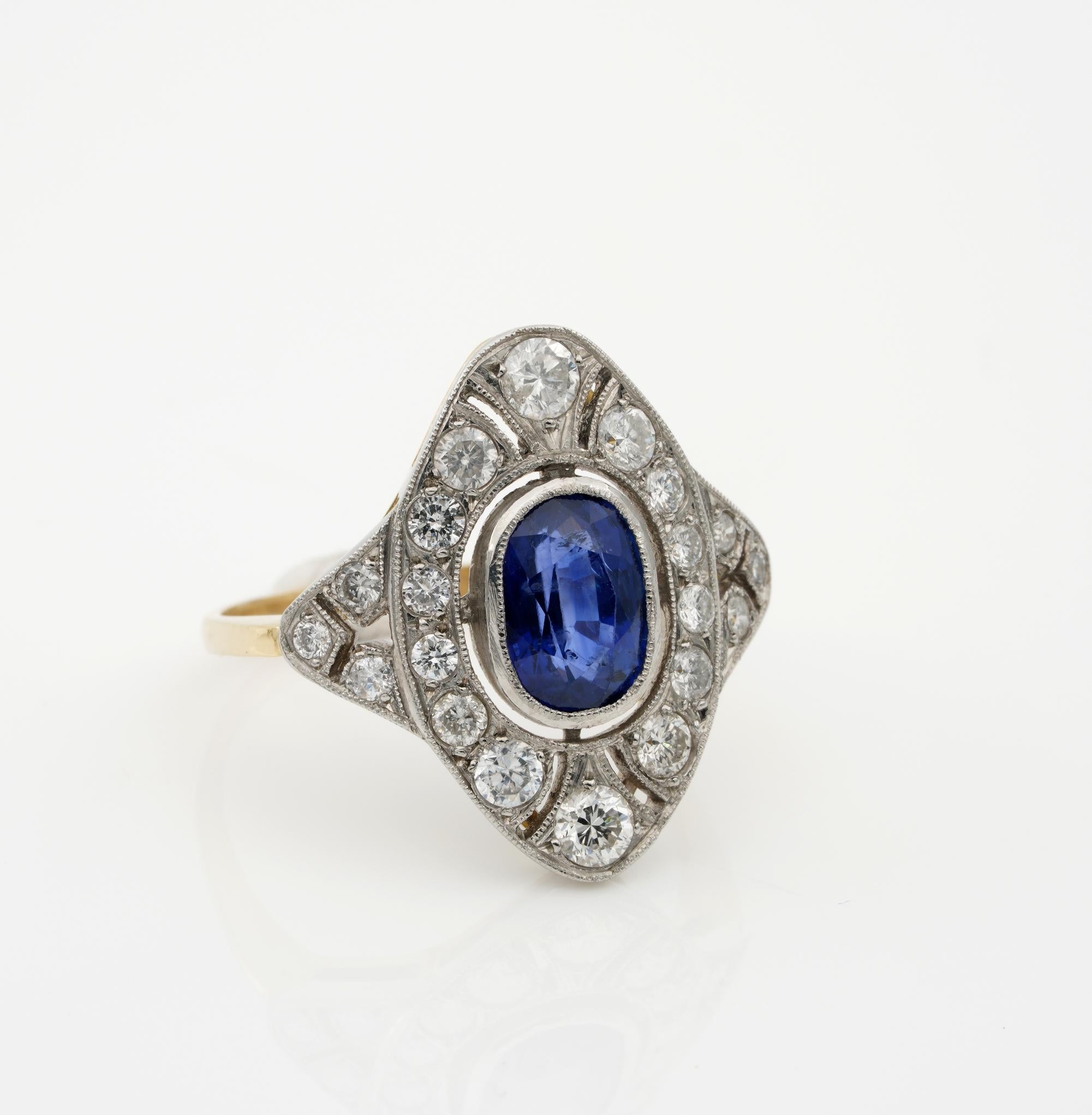Oval Cut Art Nouveau 1.90 Ct Natural Sapphire 1.30 Ct Diamond Ring For Sale