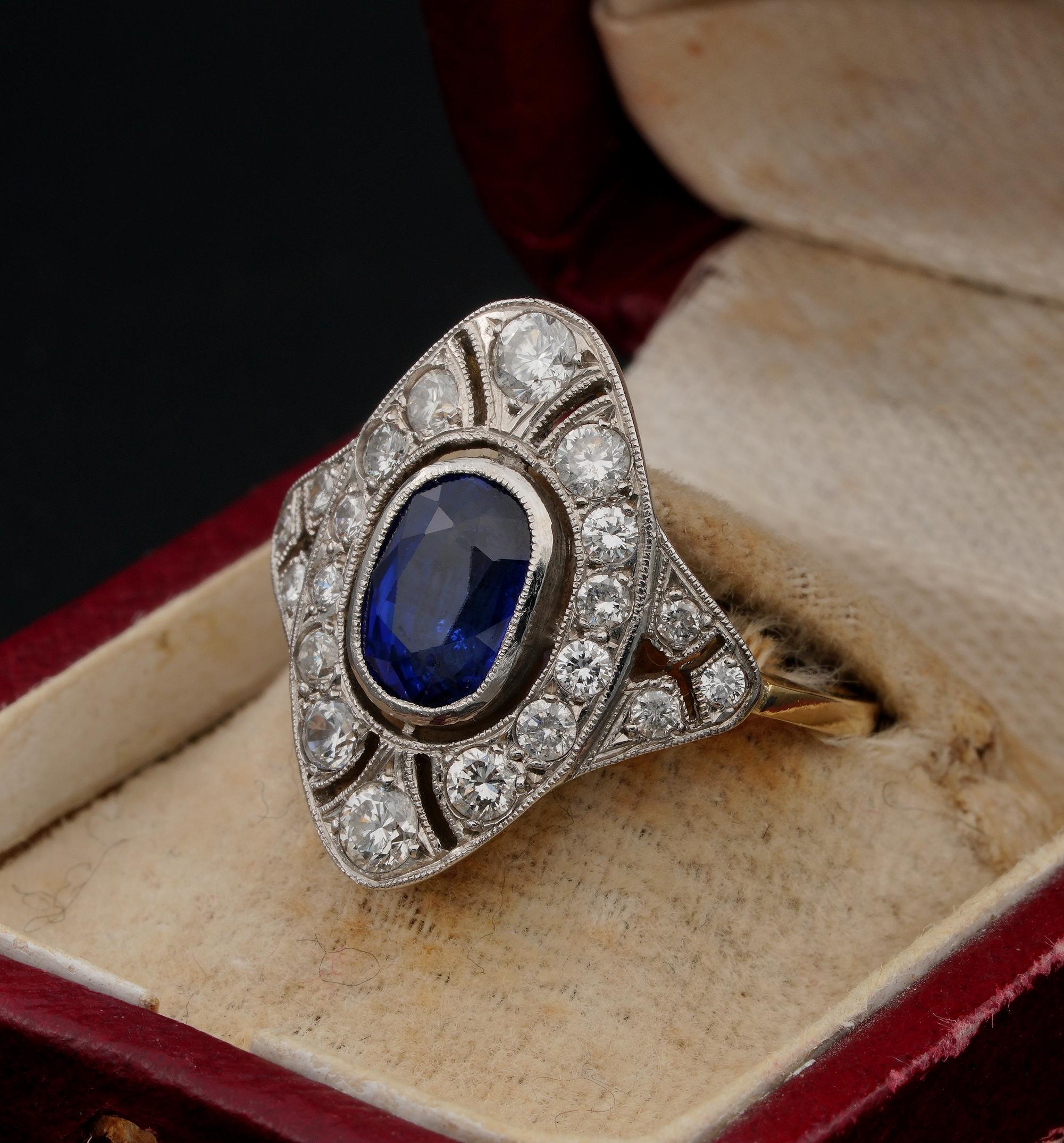 Women's Art Nouveau 1.90 Ct Natural Sapphire 1.30 Ct Diamond Ring For Sale