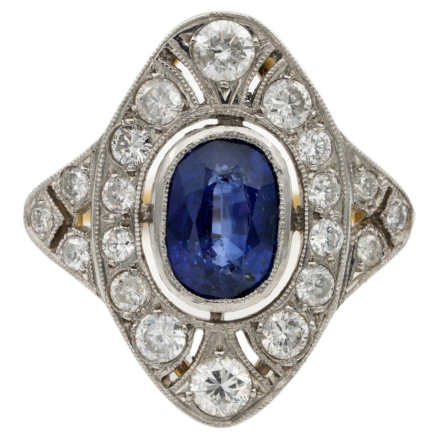 Art Nouveau 1.90 Ct Natural Sapphire 1.30 Ct Diamond Ring For Sale