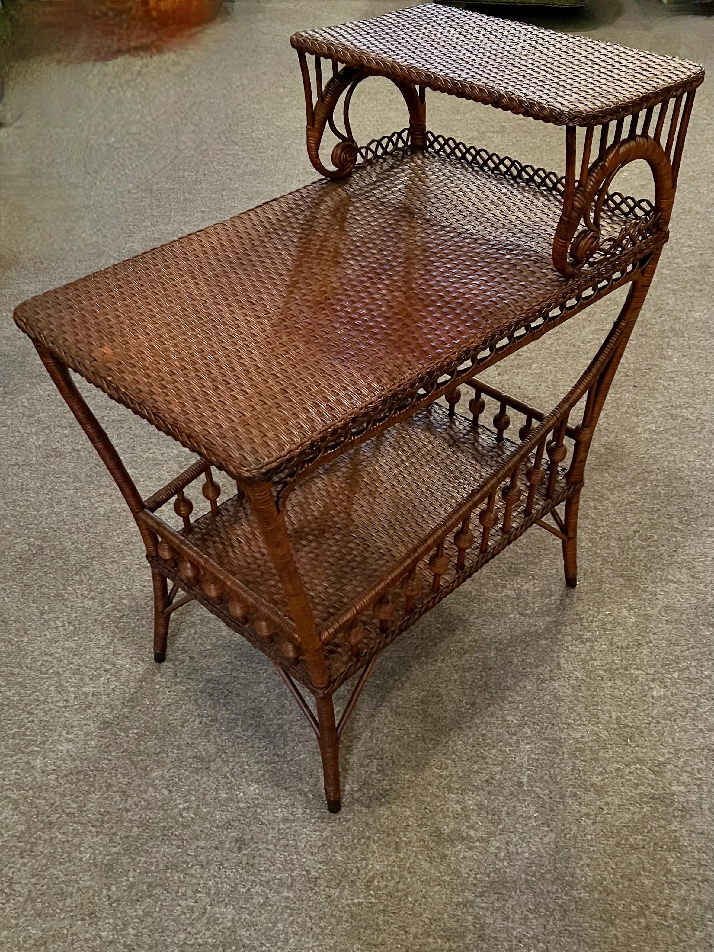 American Art Nouveaux Wicker Three Step Side Table in Natural Finish with Woven Surfaces For Sale