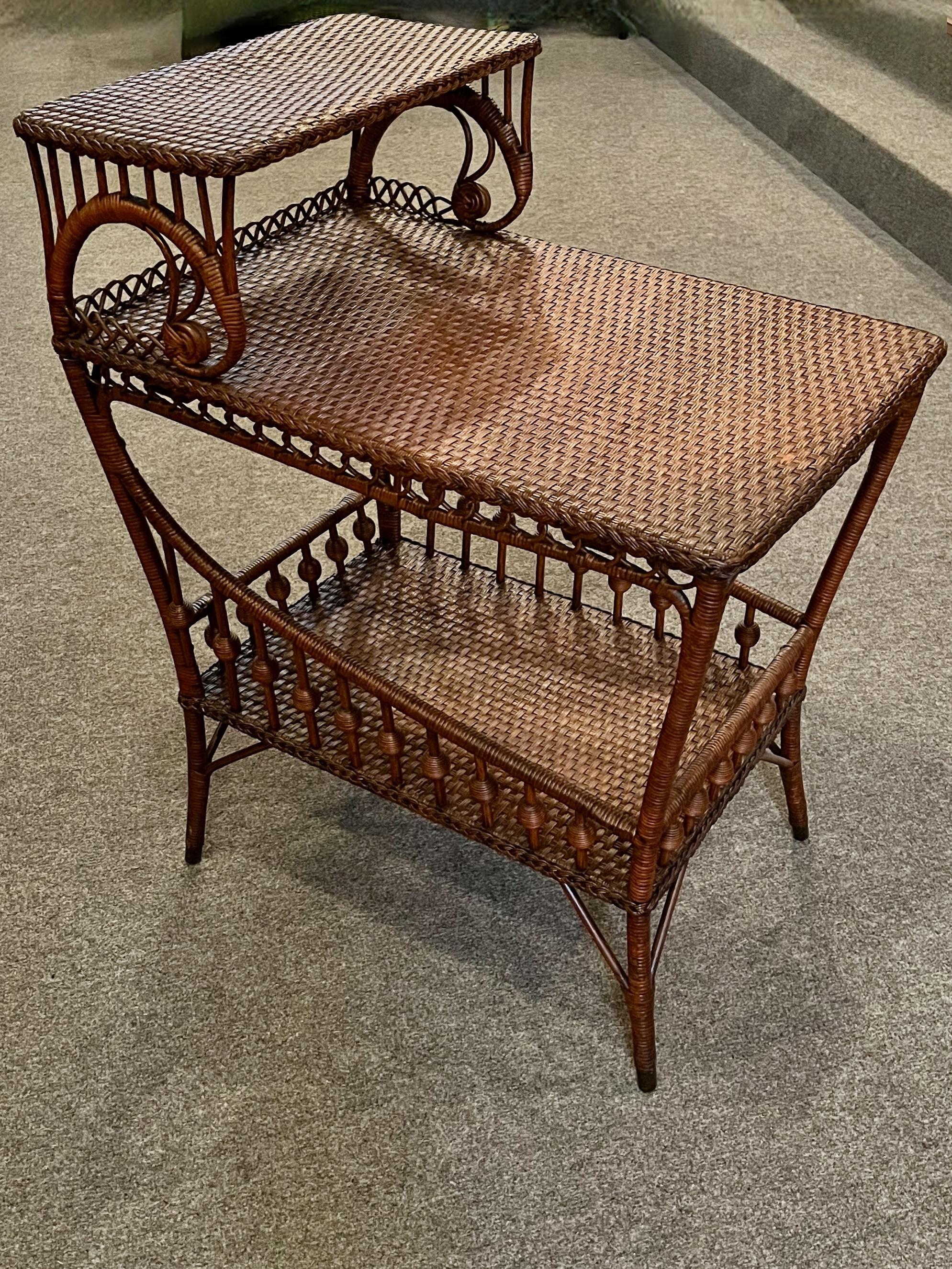 Hand-Crafted Art Nouveaux Wicker Three Step Side Table in Natural Finish with Woven Surfaces For Sale