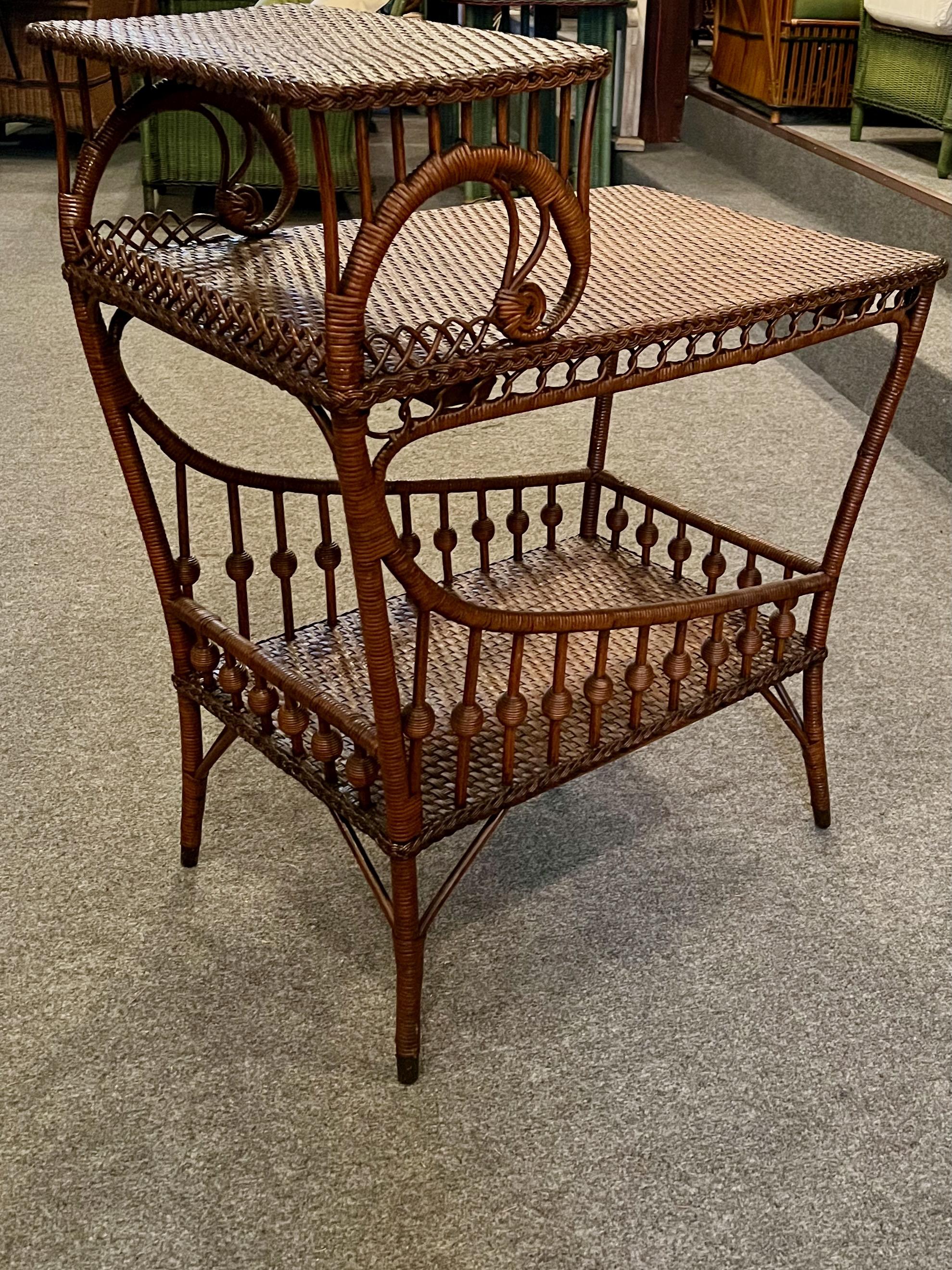 Early 20th Century Art Nouveaux Wicker Three Step Side Table in Natural Finish with Woven Surfaces For Sale