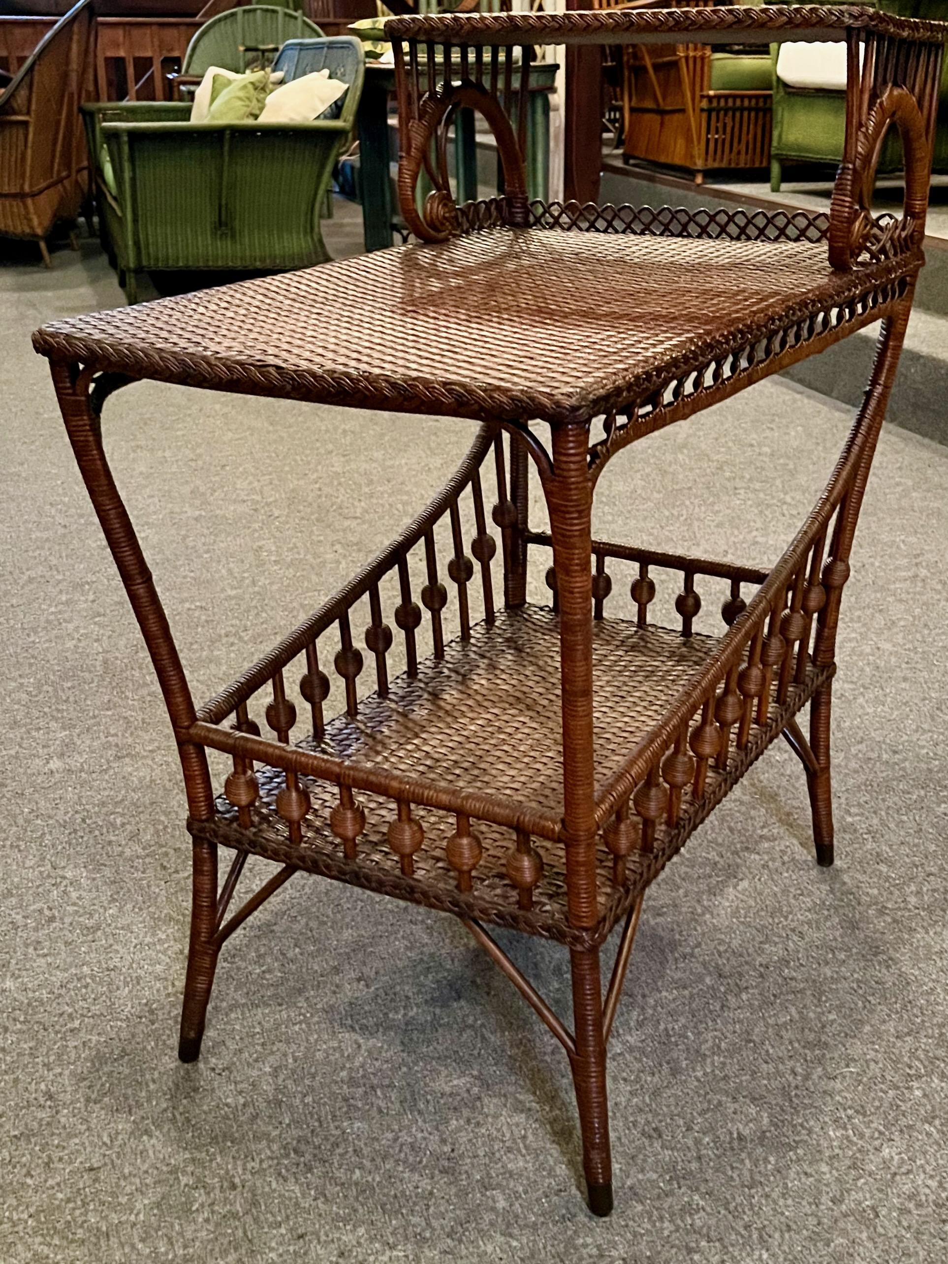 Art Nouveaux Wicker Three Step Side Table in Natural Finish with Woven Surfaces For Sale 1