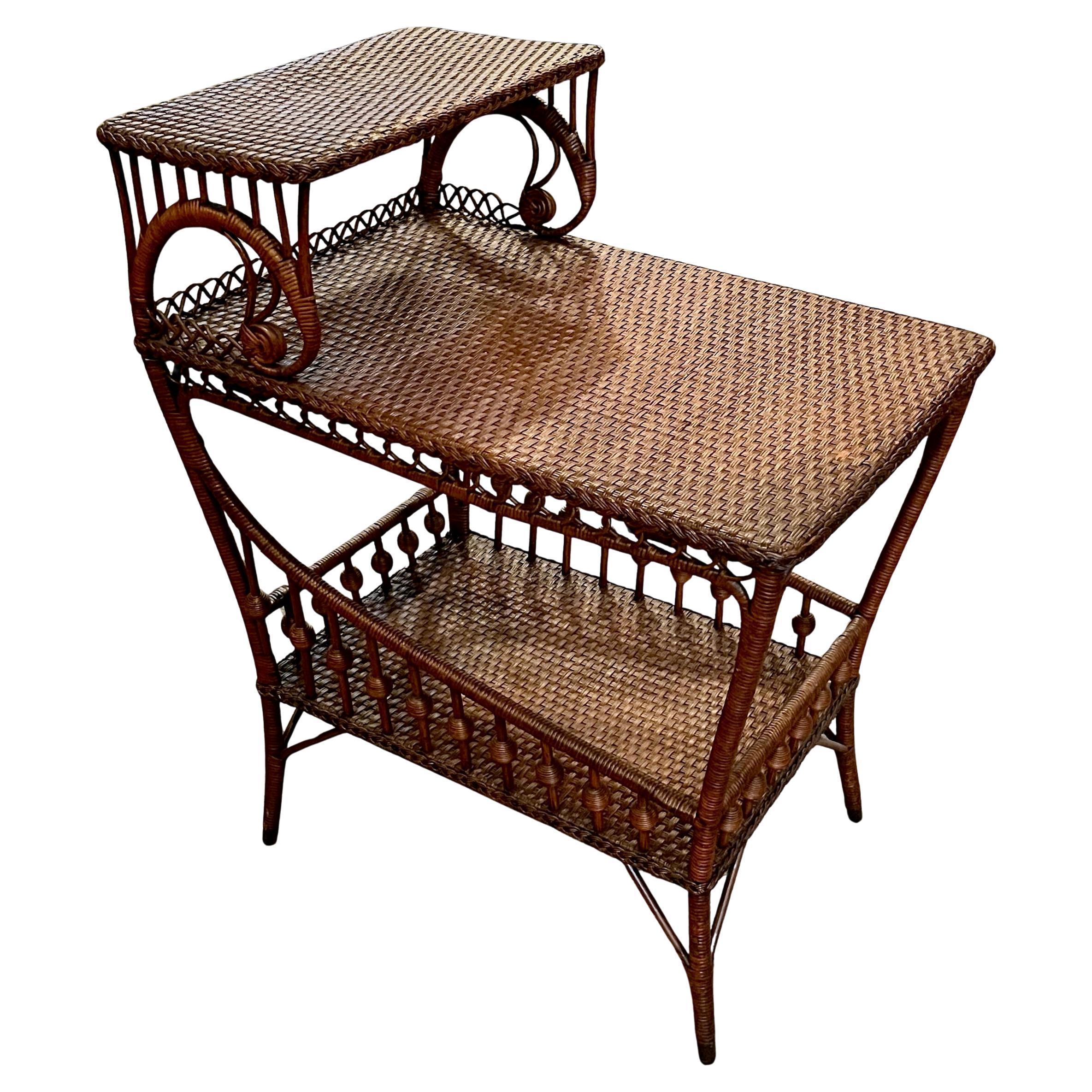 Art Nouveaux Wicker Three Step Side Table in Natural Finish with Woven Surfaces For Sale