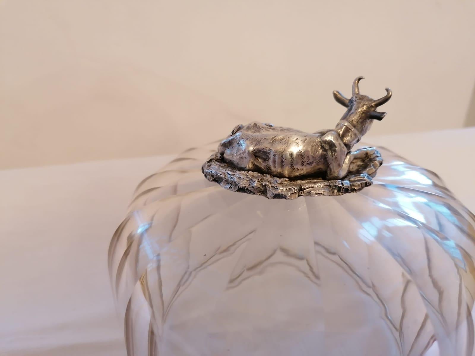 Art Nouveau glass cheese dome with a silver plated (silver? now hallmark visible) handle in a form of a lying cow. Made in Austria, circa 1900.
