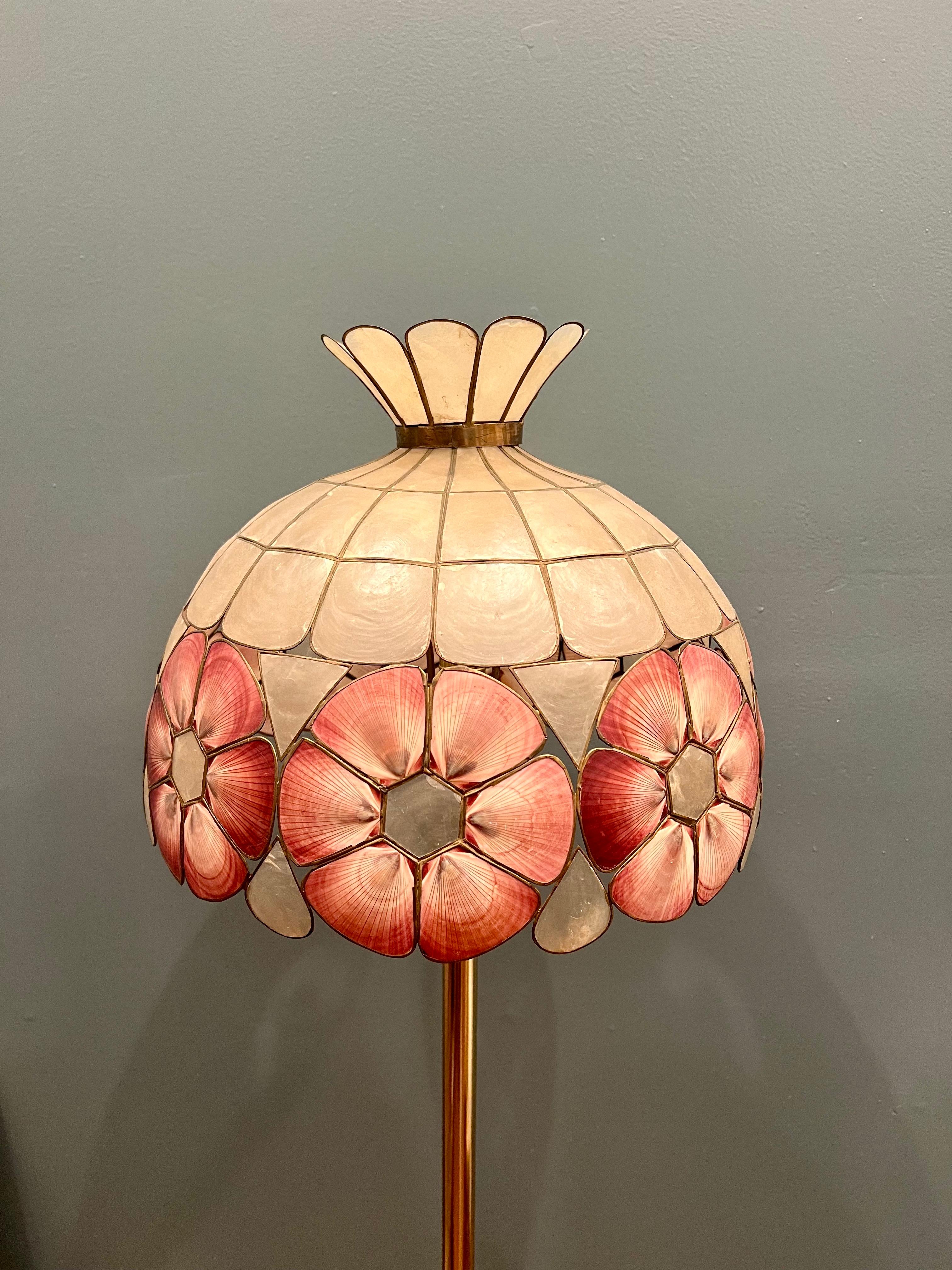 Art Noveau Antique Capiz Shell & Brass Floor Lamp In Good Condition In San Diego, CA