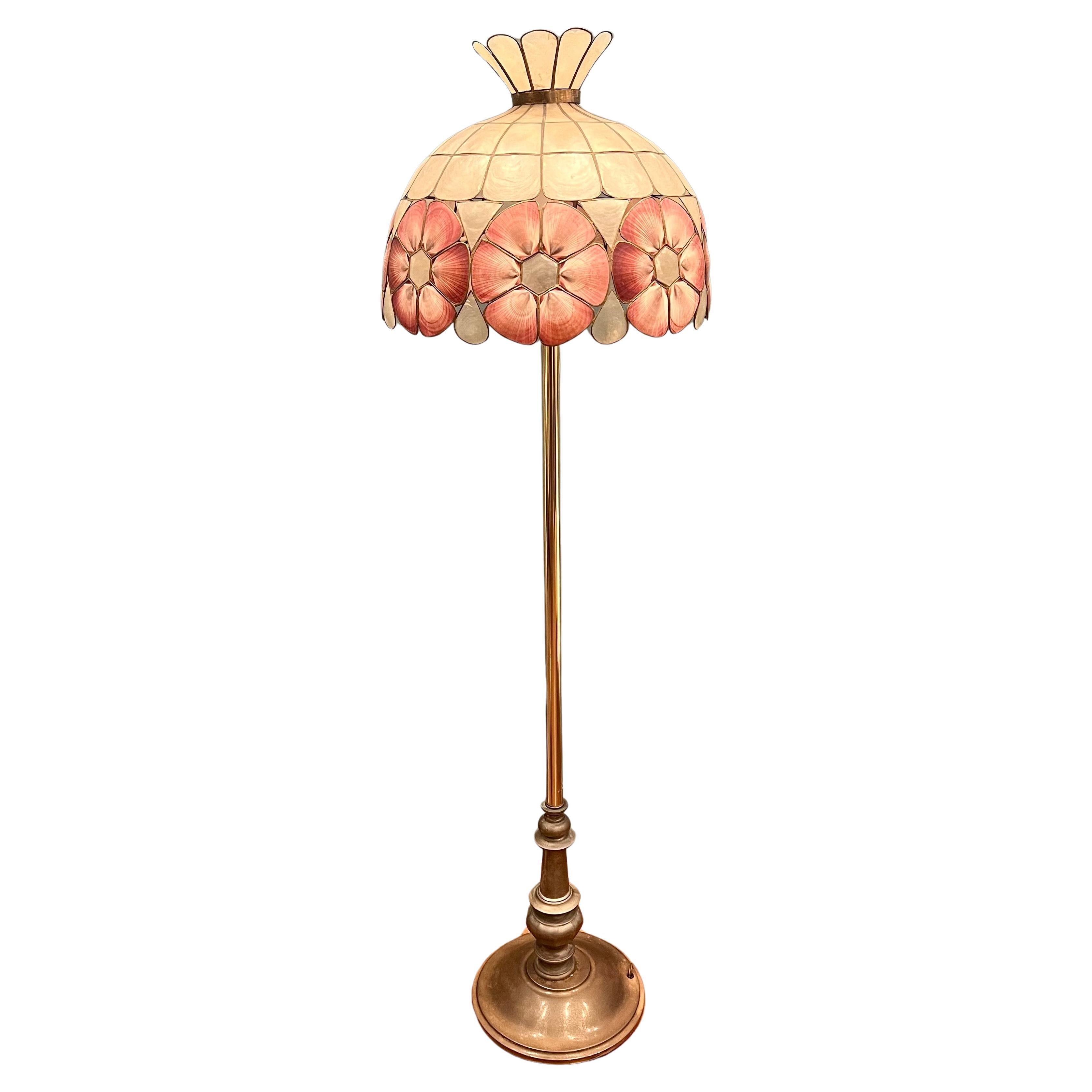 Art Noveau Antique Capiz Shell & Brass Floor Lamp