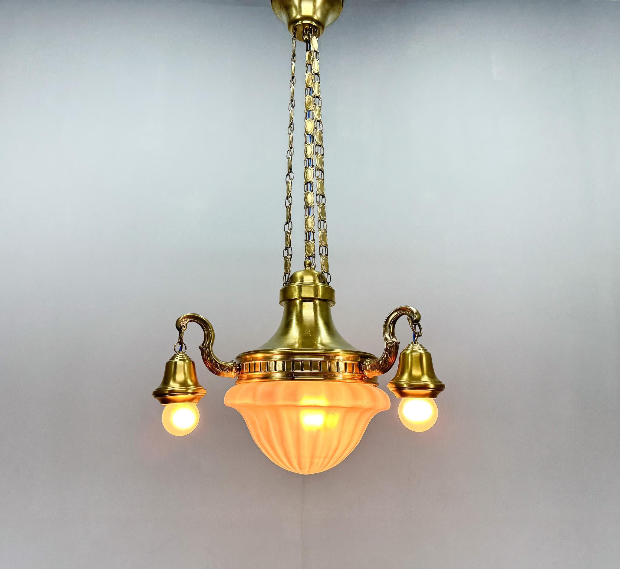 Art Nouveau Art Noveau Brass Chandelier, Restored, Germany, 1920's For Sale