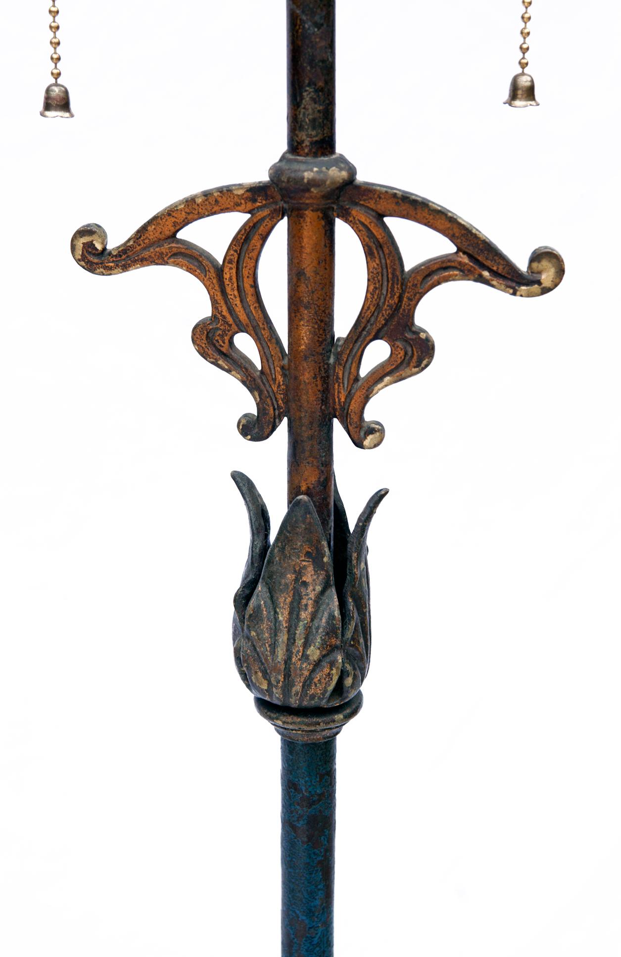 Art Noveau Bronze & Iron Floor Lamp/ Linen Shade 4