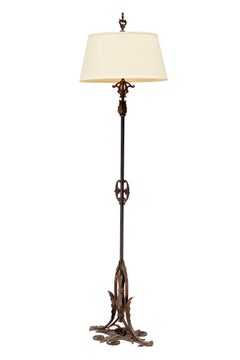 Art Noveau Bronze & Iron Floor Lamp/ Linen Shade