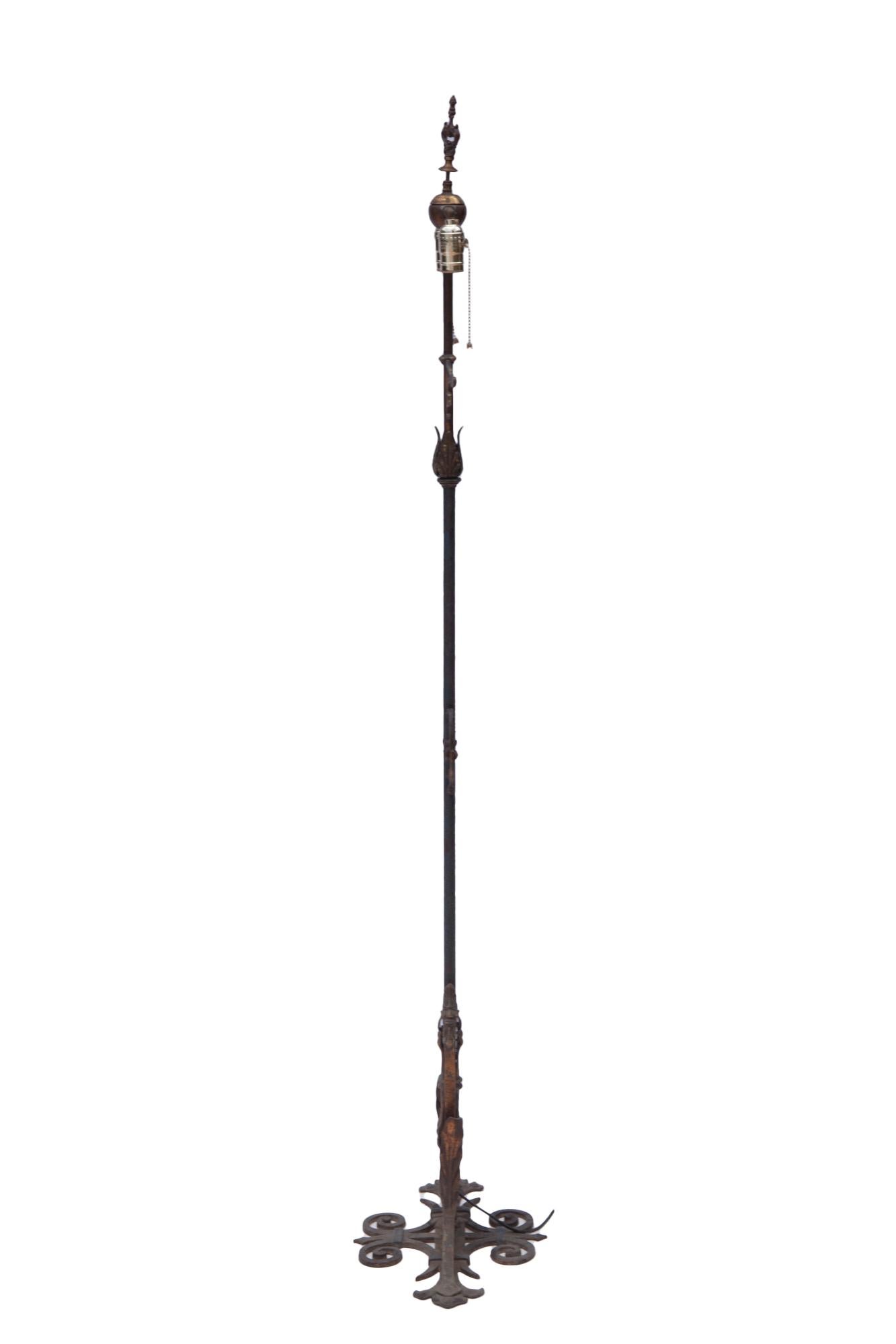 Art Nouveau Art Noveau Bronze & Iron Floor Lamp/ Linen Shade